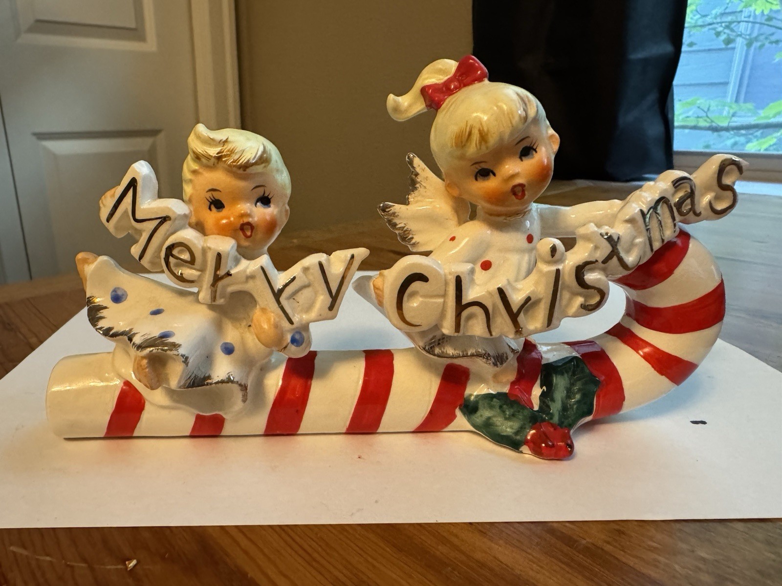 Vintage Lefton? Ceramic Christmas Lids On A Candy Cane Sled Merry Christmas Bann