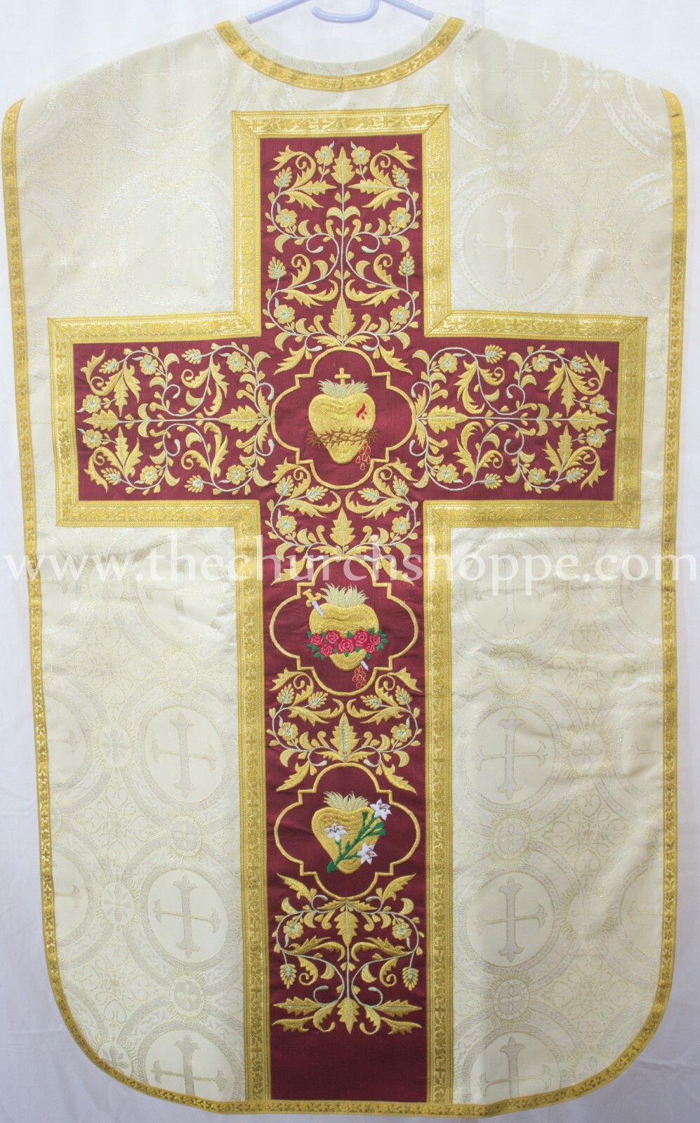 Gold Roman Fiddleback Chasuble and mass set with Three Holy Hearts Embroidery Gold Roman Fiddleback Chasuble and mass set with Three Holy Hearts Embroidery