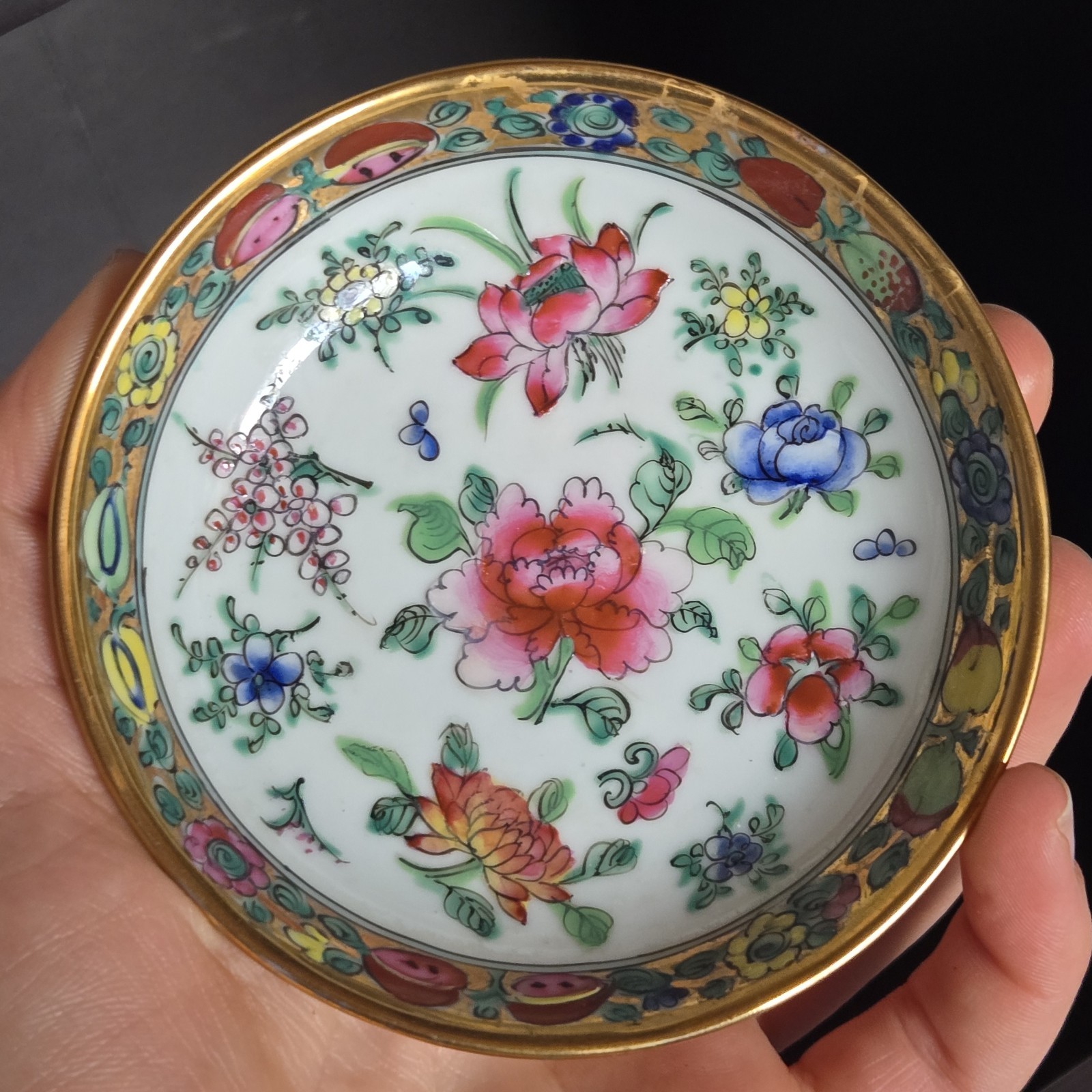 Chinese Famille Rose Porcelain Floral Saucer 4" Hand Painted Gilt Unmarked Chinese Famille Rose Porcelain Floral Saucer 4" Hand Painted Gilt Unmarked