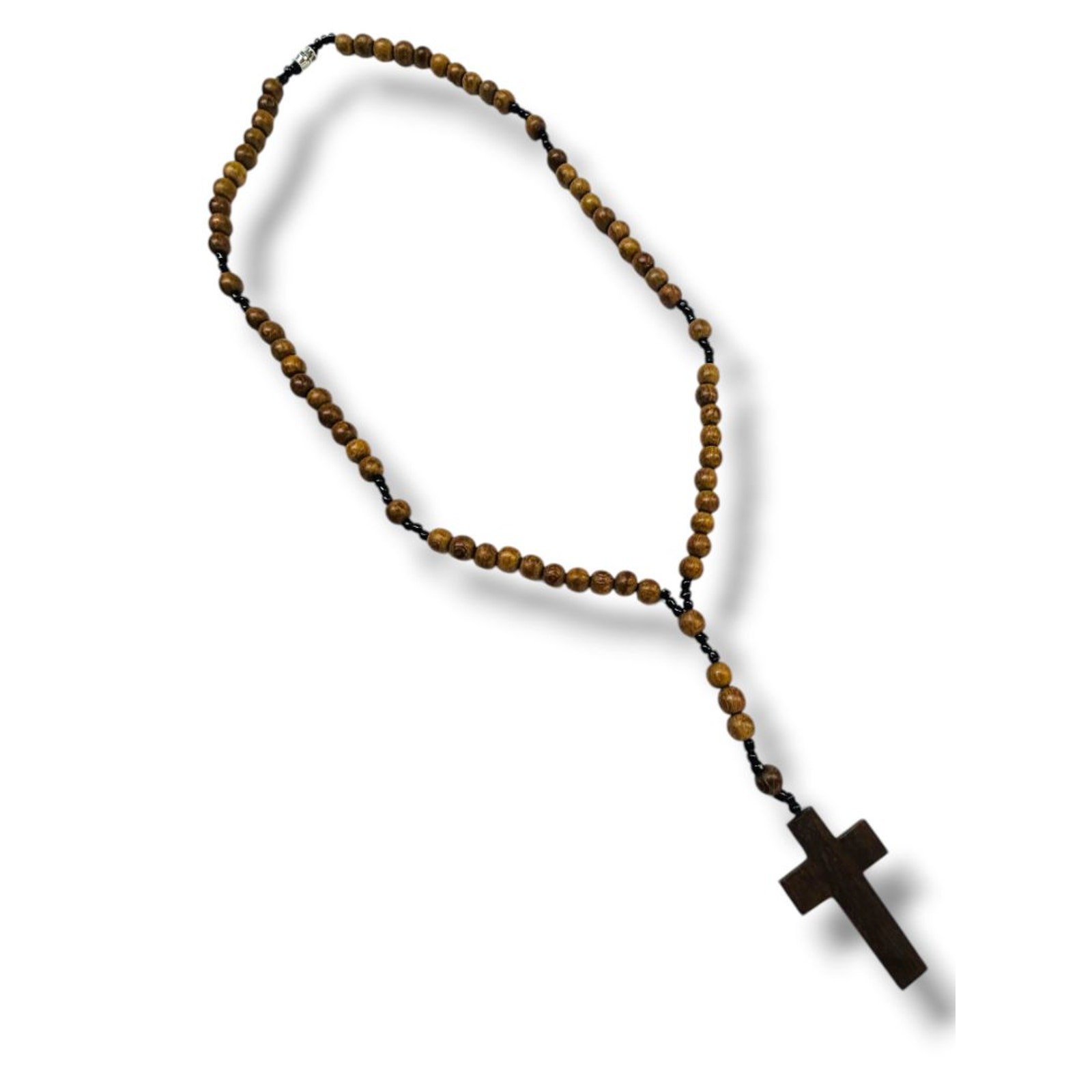 Vintage Wooden Prayer Bead Cross Necklace Barrel Clasp Vintage Wooden Prayer Bead Cross Necklace Barrel Clasp