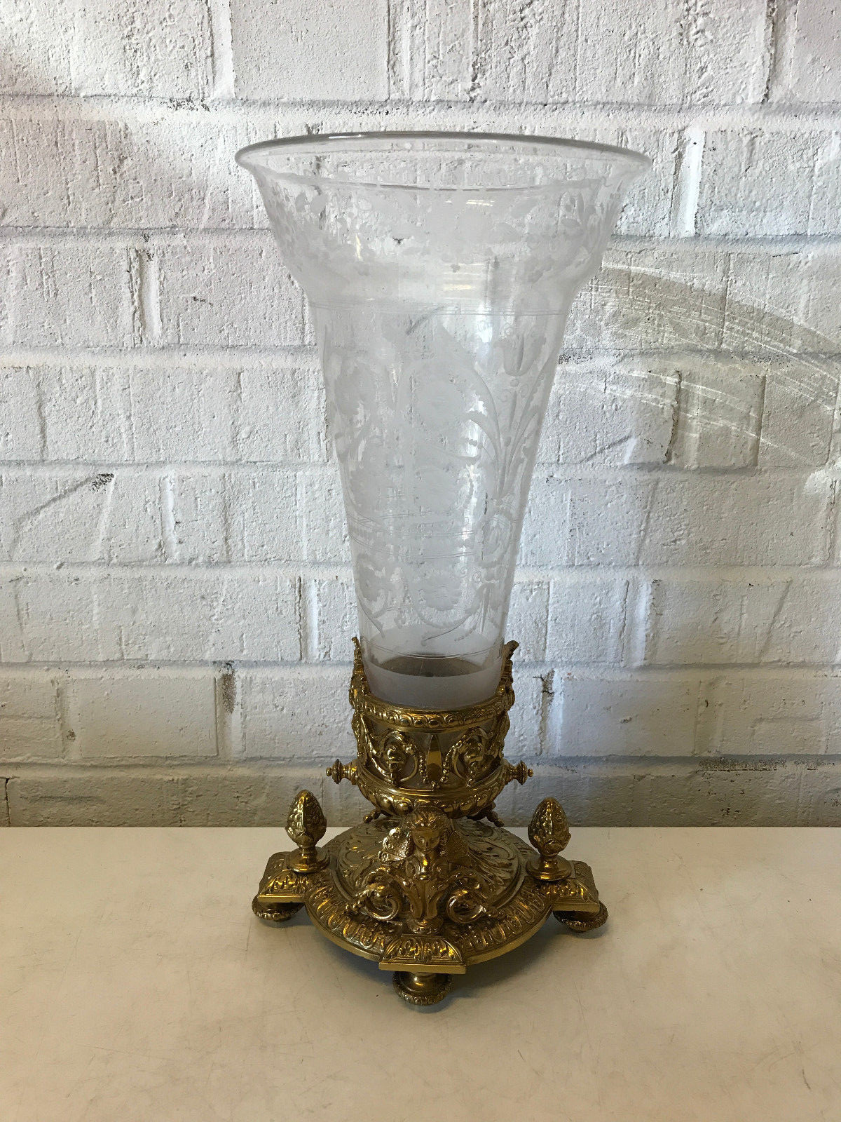 Antique Victorian Aesthetic Gilt Bronze Trumpet Vase Centerpiece Etched Glass Antique Victorian Aesthetic Gilt Bronze Trumpet Vase Centerpiece Etched Glass