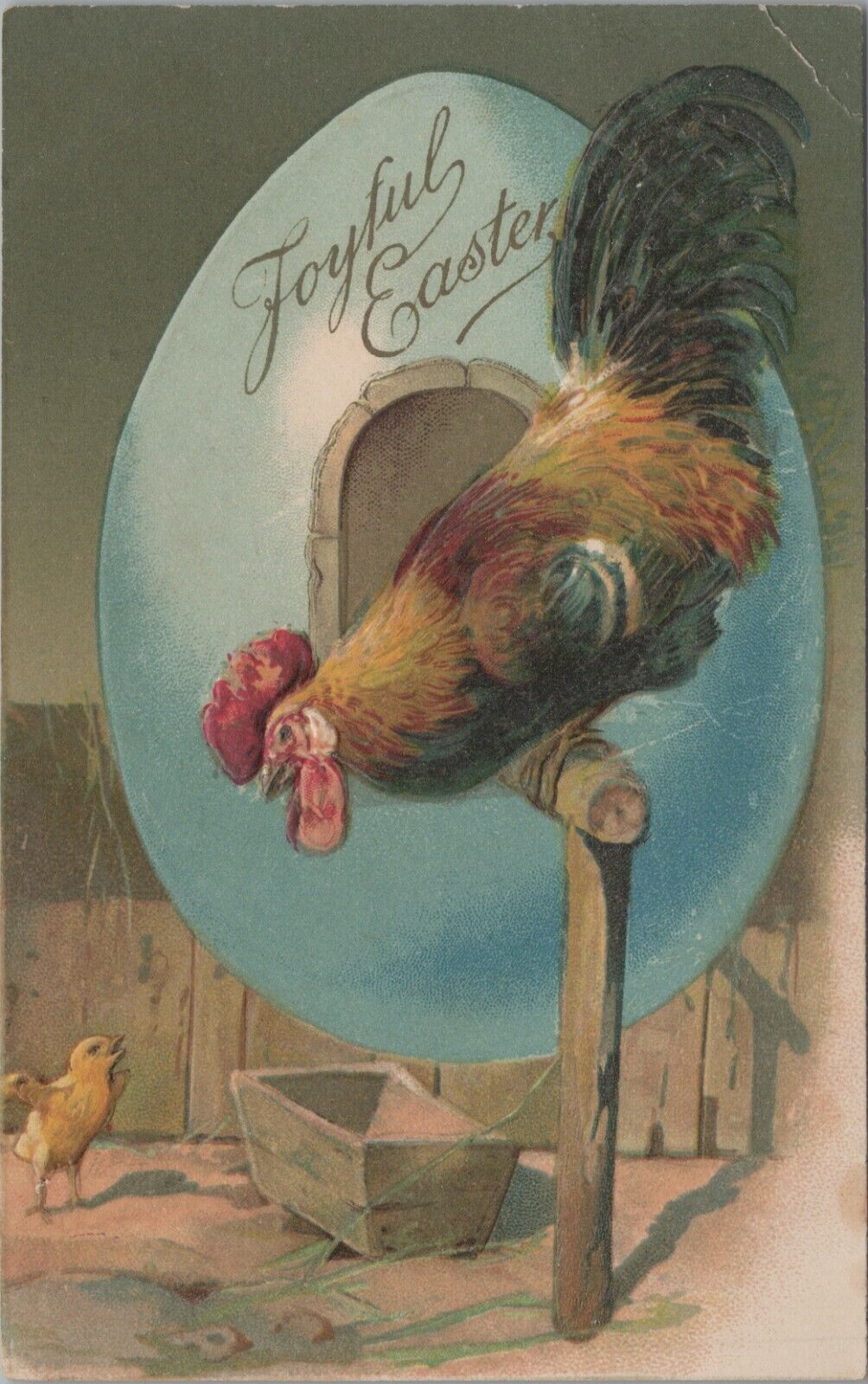c1900s Joyful Easter rooster on perch inside egg chicks coop embossed C610