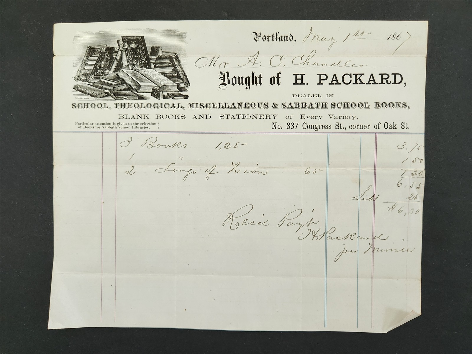 1867 antique H PACKARD portland me BILLHEAD books stationery 1867 antique H PACKARD portland me BILLHEAD books stationery
