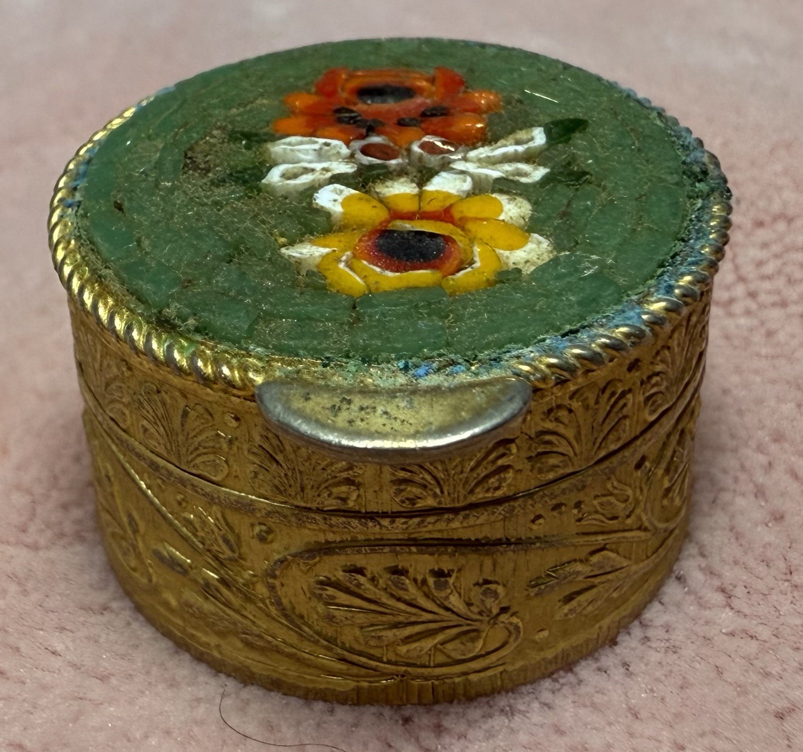 Antique Italian Micro Mosaic Brass Trinket Pill Box Floral Grand Tour Style VTG Antique Italian Micro Mosaic Brass Trinket Pill Box Floral Grand Tour Style VTG
