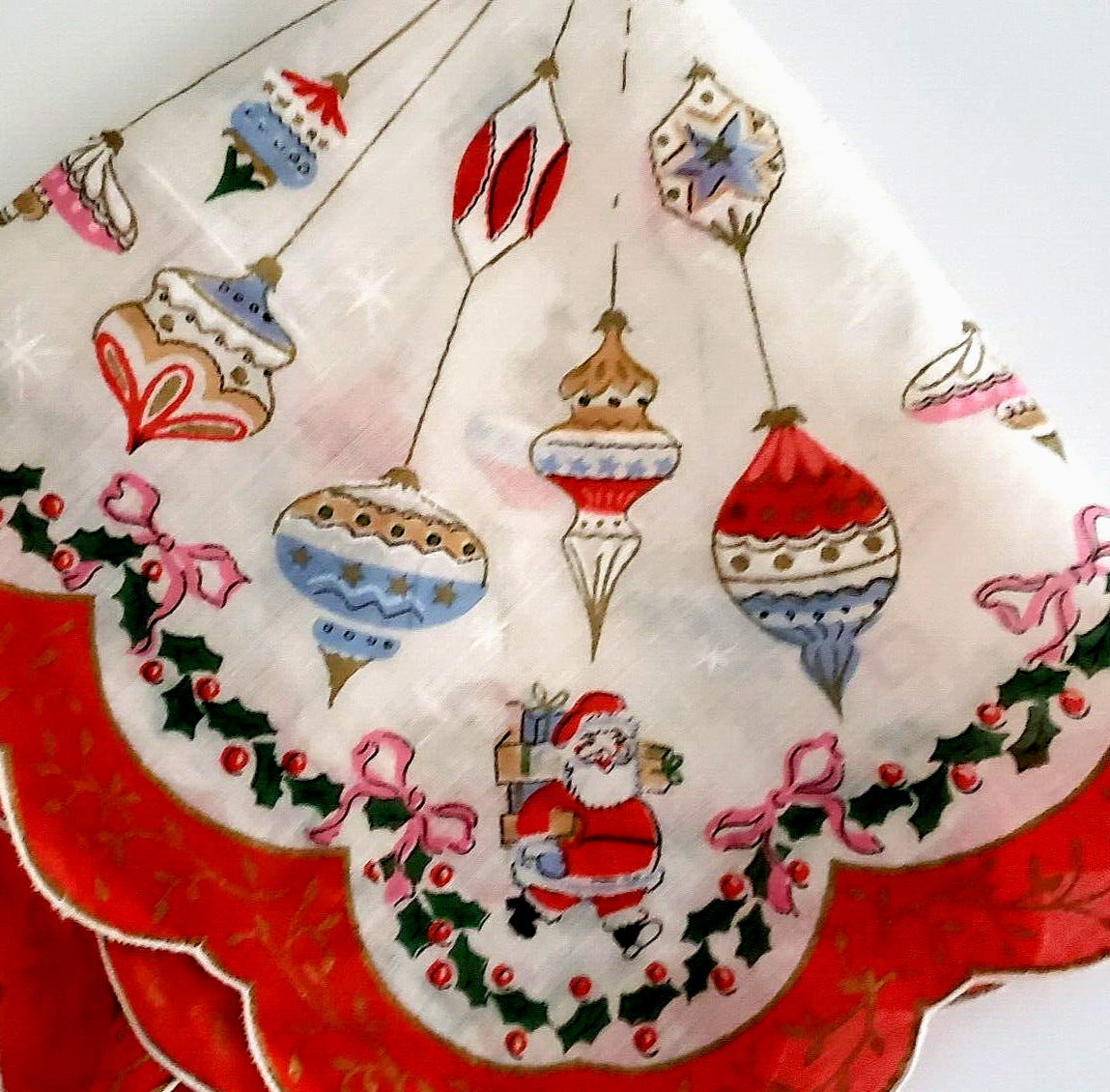 Vintage MCM 60s Christmas Handkerchief Santa Claus Ornaments 16\