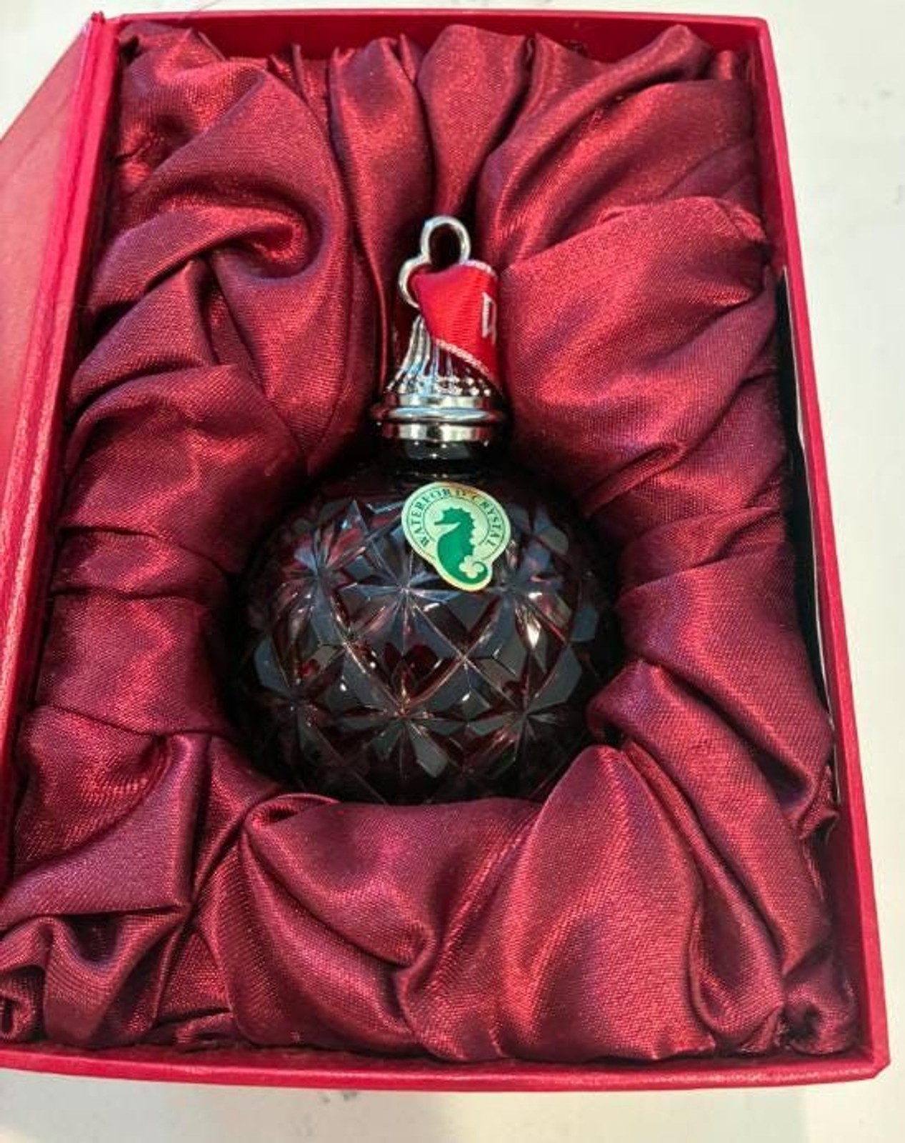 Waterford Ruby Red Ball Annual Cased Crystal Cut to Clear Ornament 2013 #161066