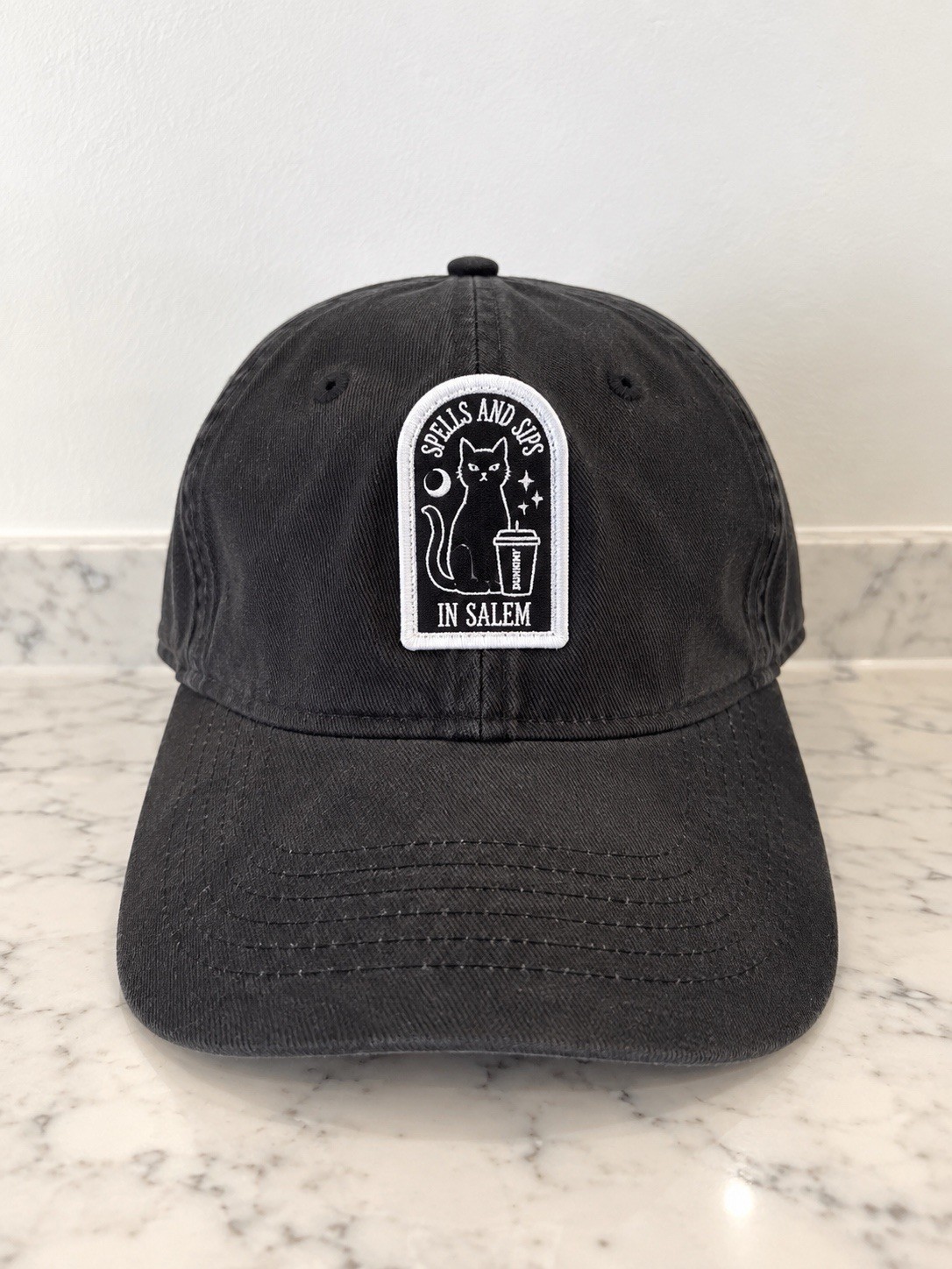 Dunkin Spells and Sips in Salem Halloween Black Cat Baseball Cap Hat NEW Dunkin Spells and Sips in Salem Halloween Black Cat Baseball Cap Hat NEW