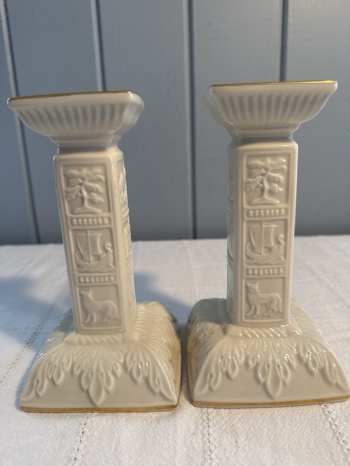 Vintage Lenox Ivory Porcelain Candle Holders-(2)-Williamsburg Motif-Gold Trim  Vintage Lenox Ivory Porcelain Candle Holders-(2)-Williamsburg Motif-Gold Trim 