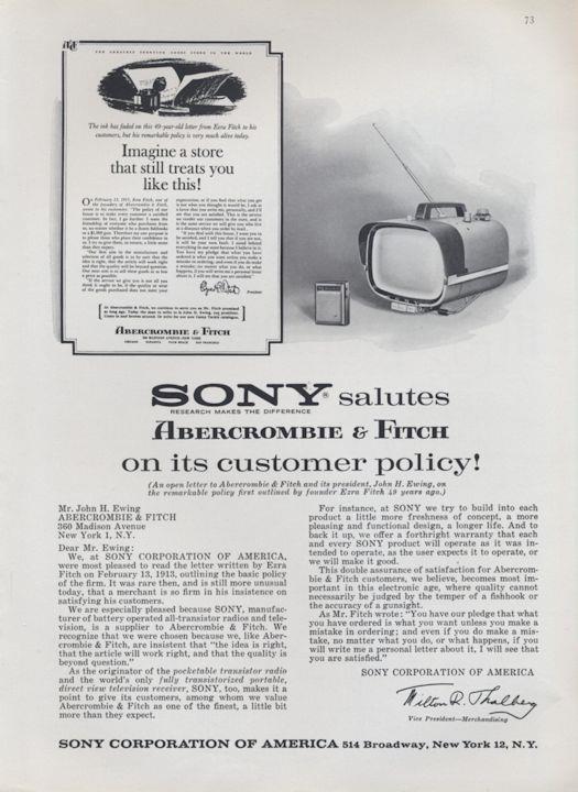 1962 Sony PRINT AD Salutes Abercrombie & Fitch on customer service policy 1962 Sony PRINT AD Salutes Abercrombie & Fitch on customer service policy
