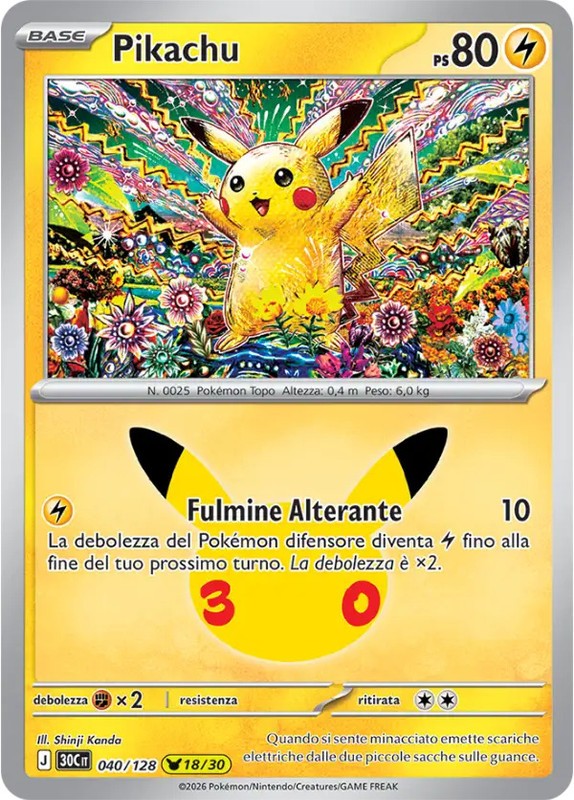 Pikachu 040/128 Pokemon 30th Anniversary ITA NM
