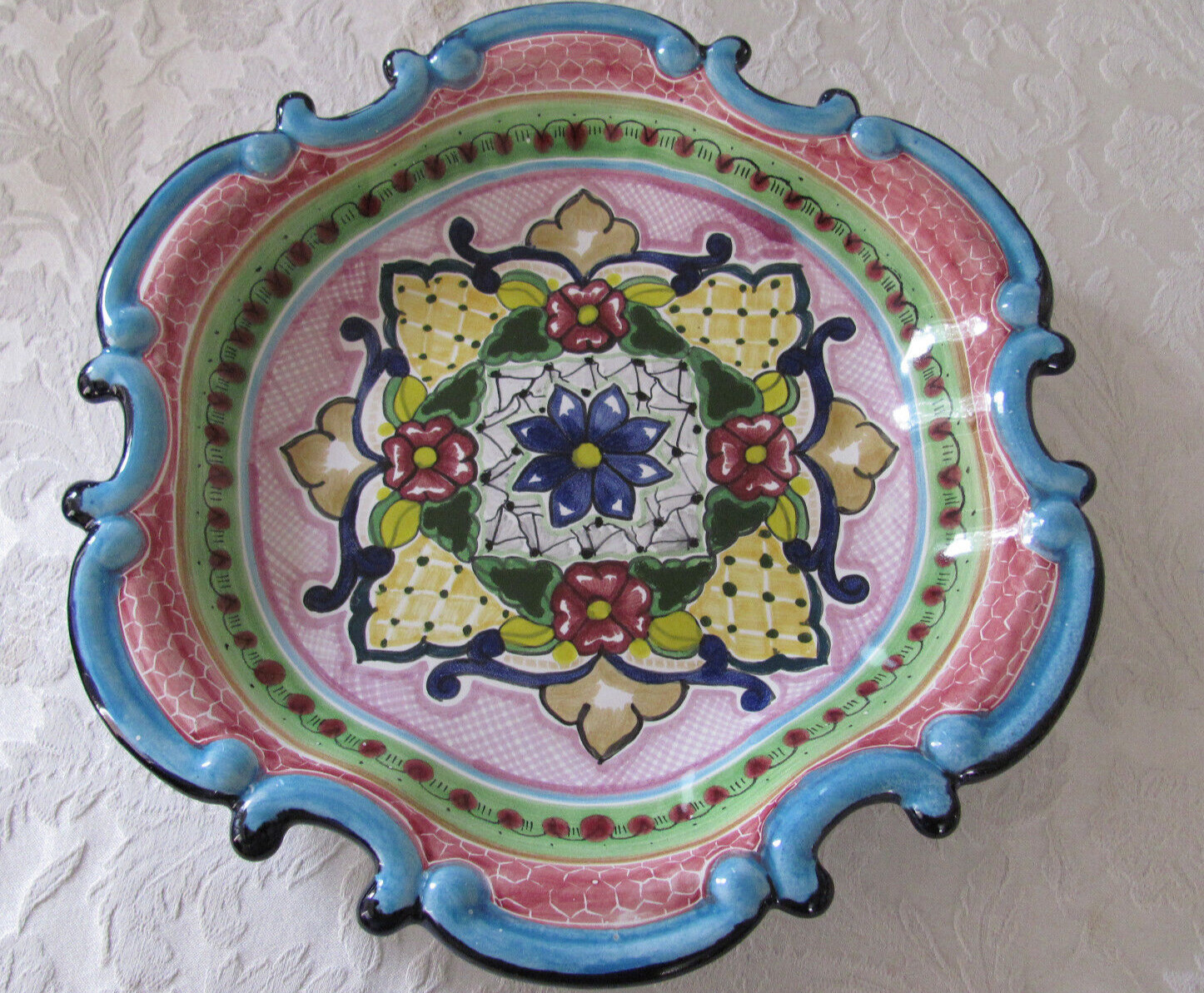 HERNANDEZ Puebla Mexico Talavera Signed Pottery Plate 12 3/4” Bright Color-Great HERNANDEZ Puebla Mexico Talavera Signed Pottery Plate 12 3/4” Bright Color-Great