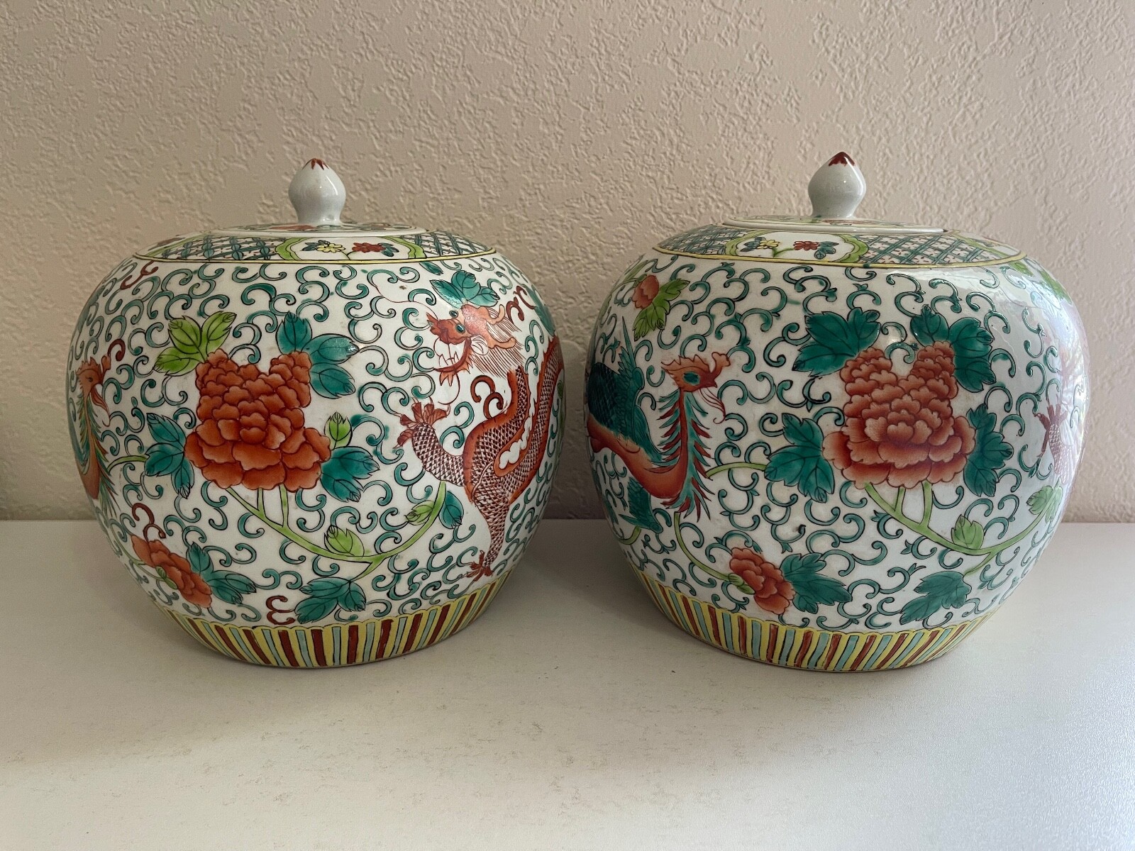 Pair Vintage Chinese Famille Rose Porcelain Ginger Jars Lidded Dragon Phoenix 9" Pair Vintage Chinese Famille Rose Porcelain Ginger Jars Lidded Dragon Phoenix 9"