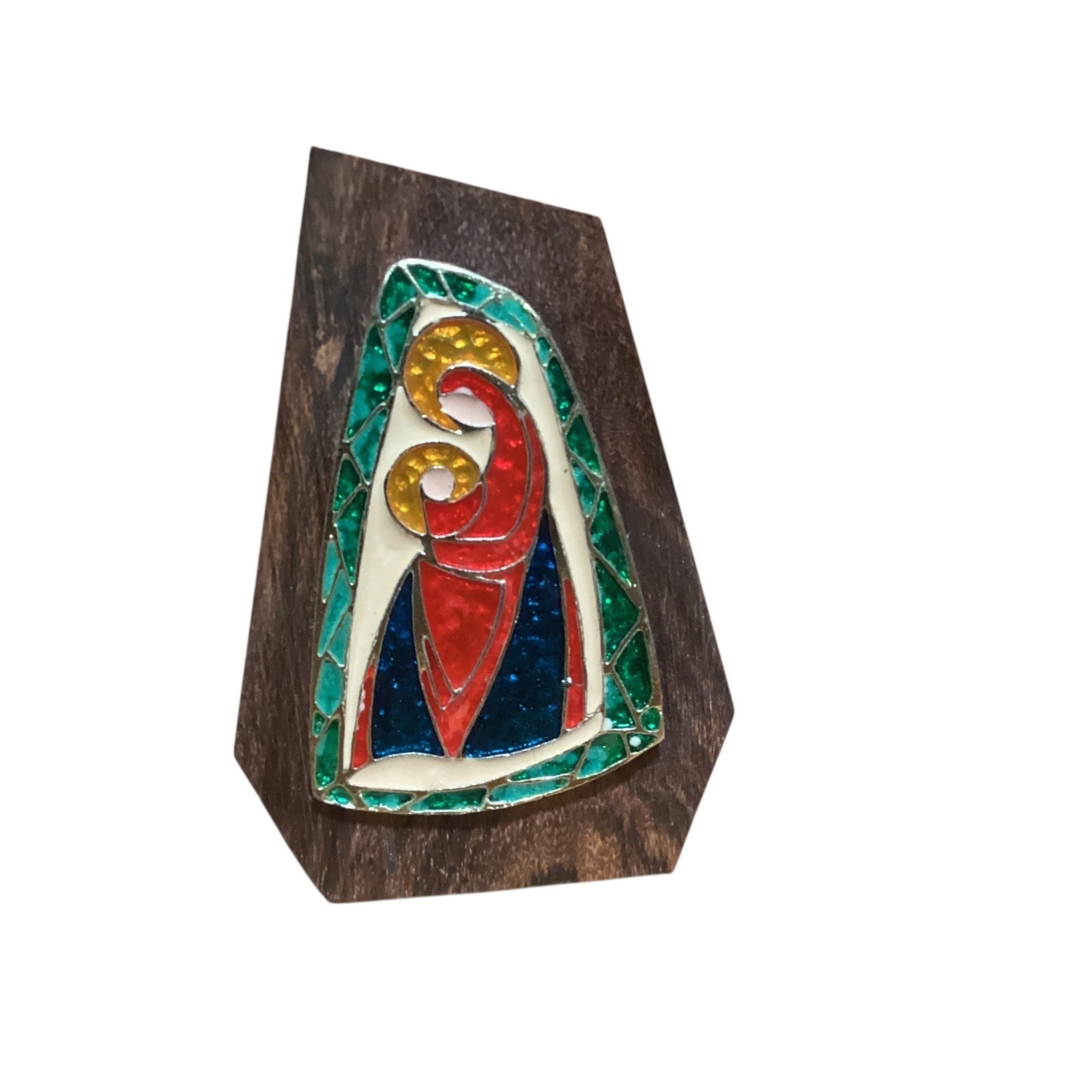 Vintage Italian Enamel Madonna and Child Wood Plaque Stained Glass Style Italy Vintage Italian Enamel Madonna and Child Wood Plaque Stained Glass Style Italy