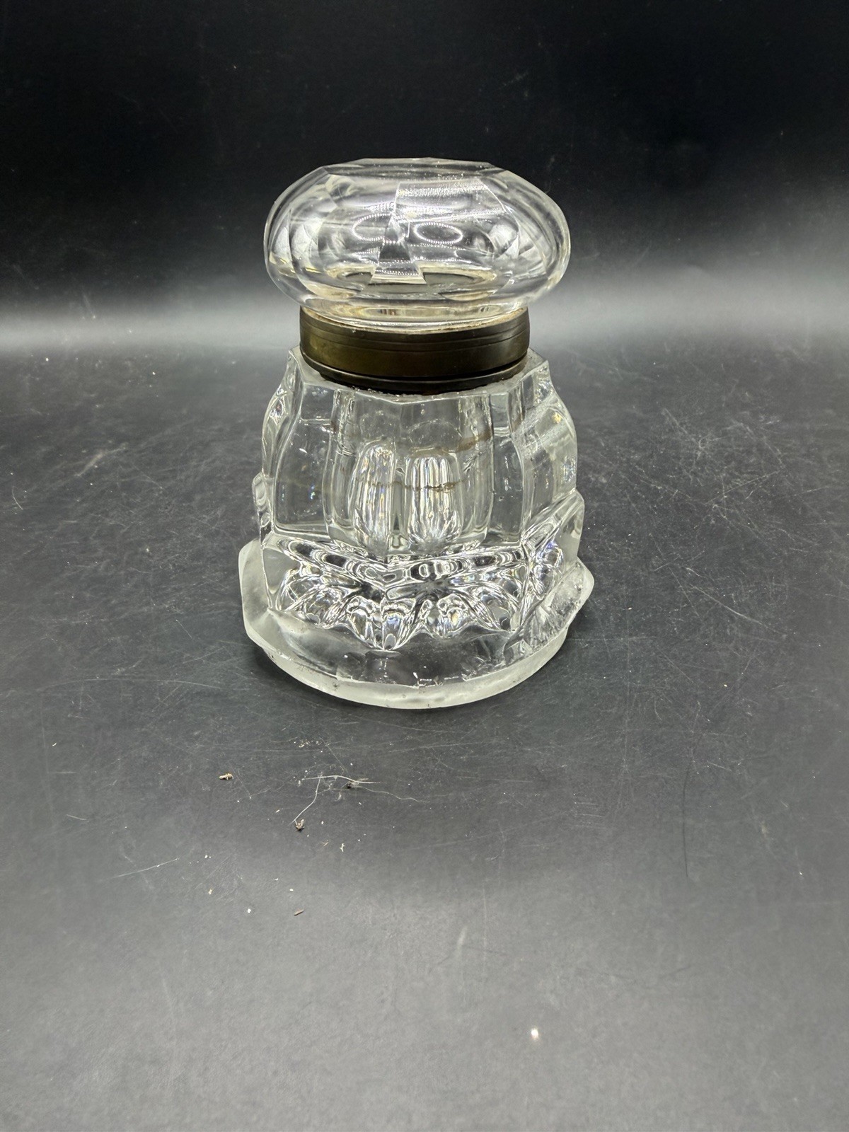 Antique Victorian Cut Glass Crystal & Brass Hinged Lid Inkwell Antique Victorian Cut Glass Crystal & Brass Hinged Lid Inkwell
