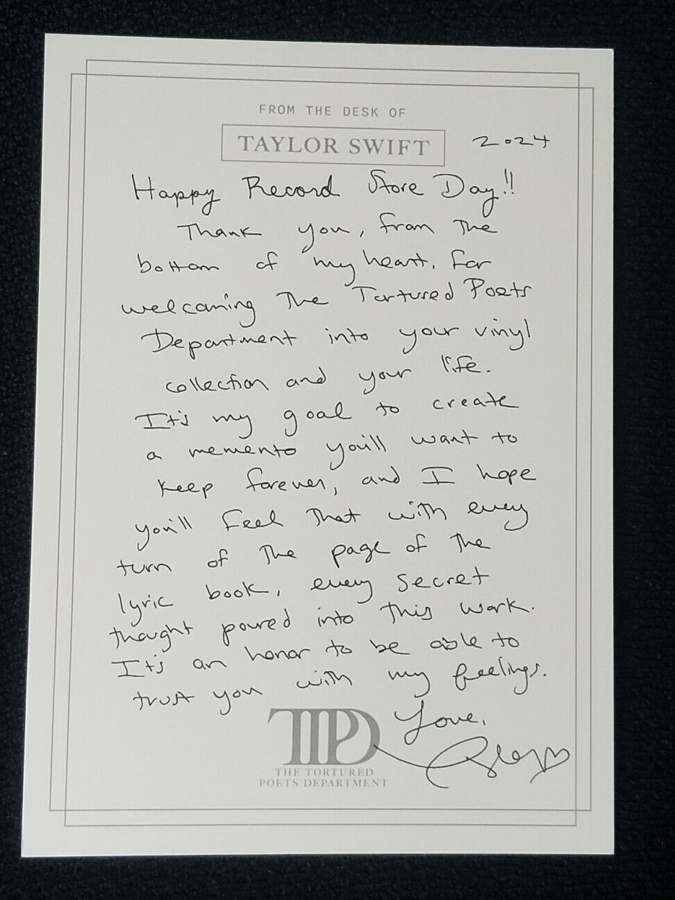 Taylor Swift RSD 2024 Letter New Record Store Day Tortured Poets Department Card