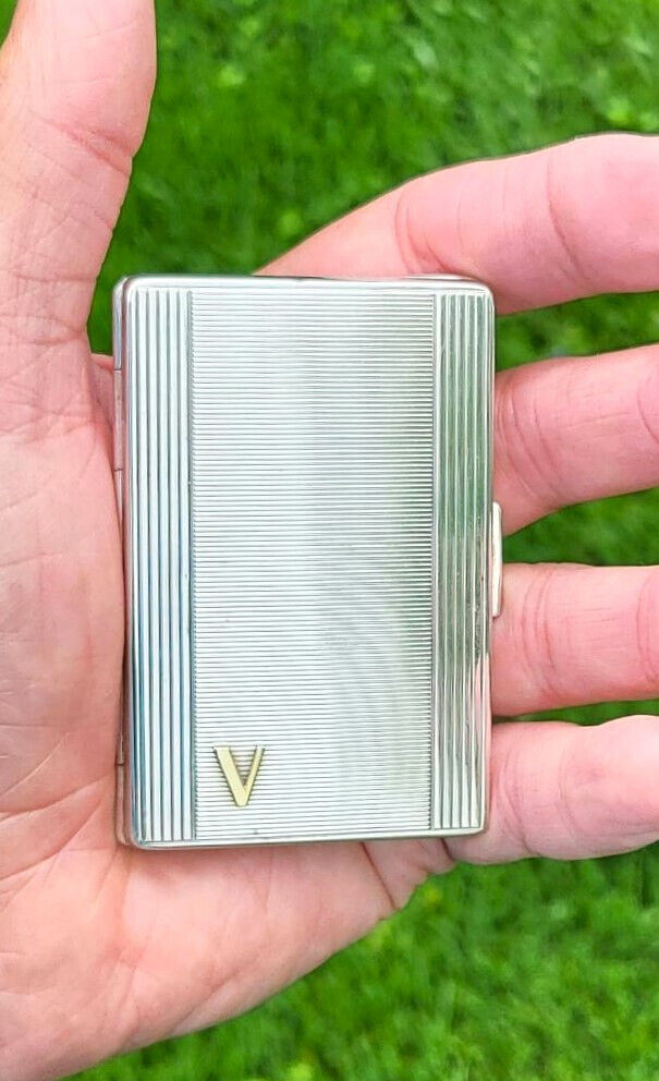 Handsome MCM \'60s German Mini Box Form 830 Silver Stash Pill Case w 14K Gold \