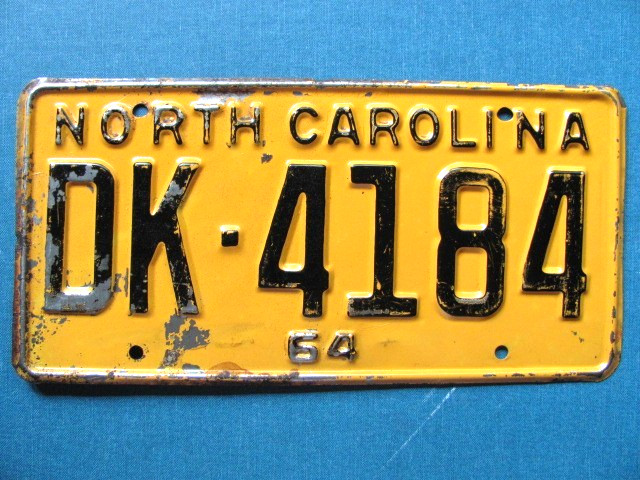 1964 NORTH CAROLINA NC LICENSE PLATE TAG,   DK-4184, ORIGINAL, VINTAGE, USED