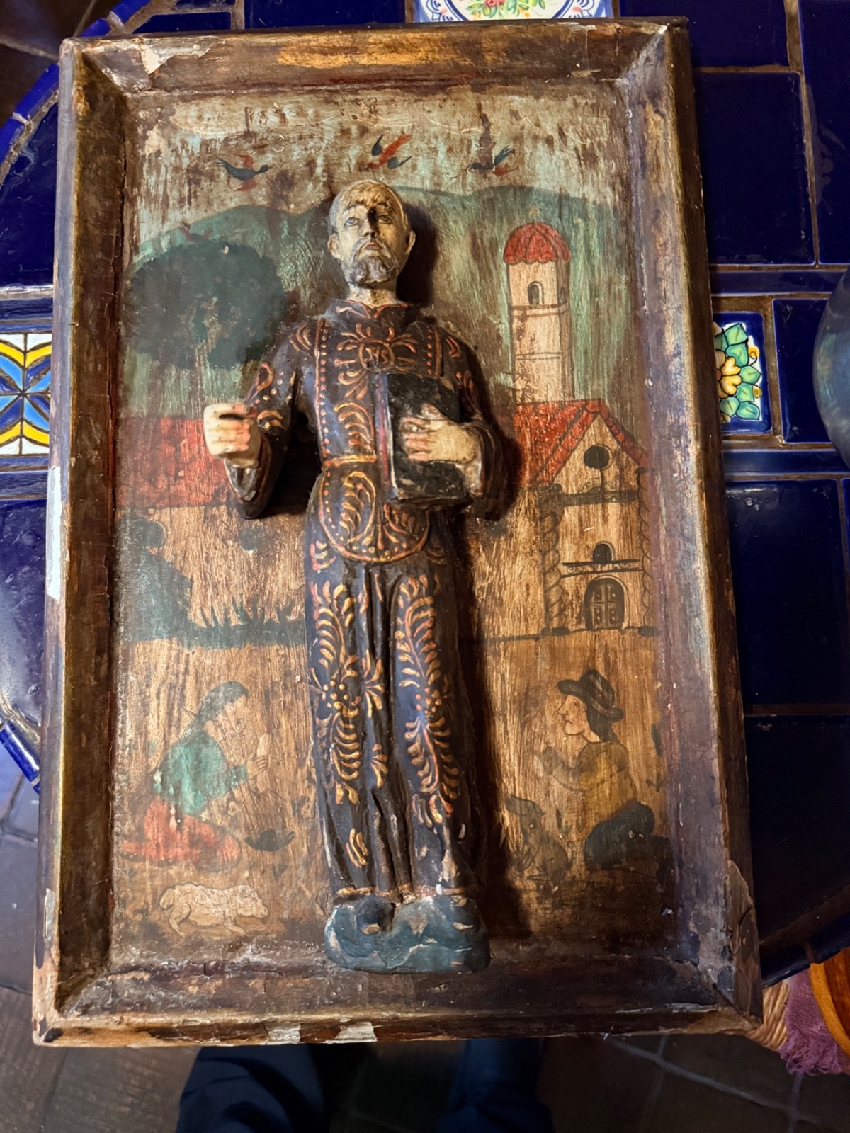 antique santos hand carved woodSaint Francis of Paola relief on painting antique santos hand carved woodSaint Francis of Paola relief on painting