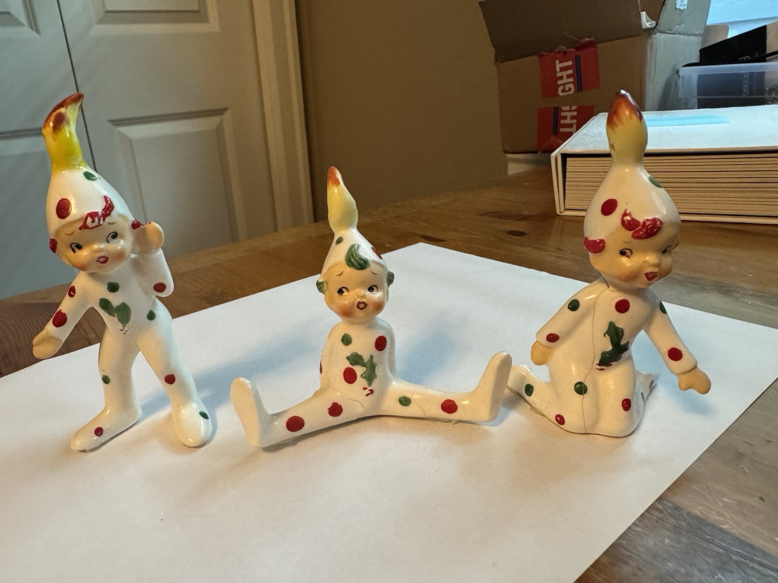 Vintage Japan Ceramic Christmas Polka Dot Kids With Flame On Top Heads Vintage Japan Ceramic Christmas Polka Dot Kids With Flame On Top Heads