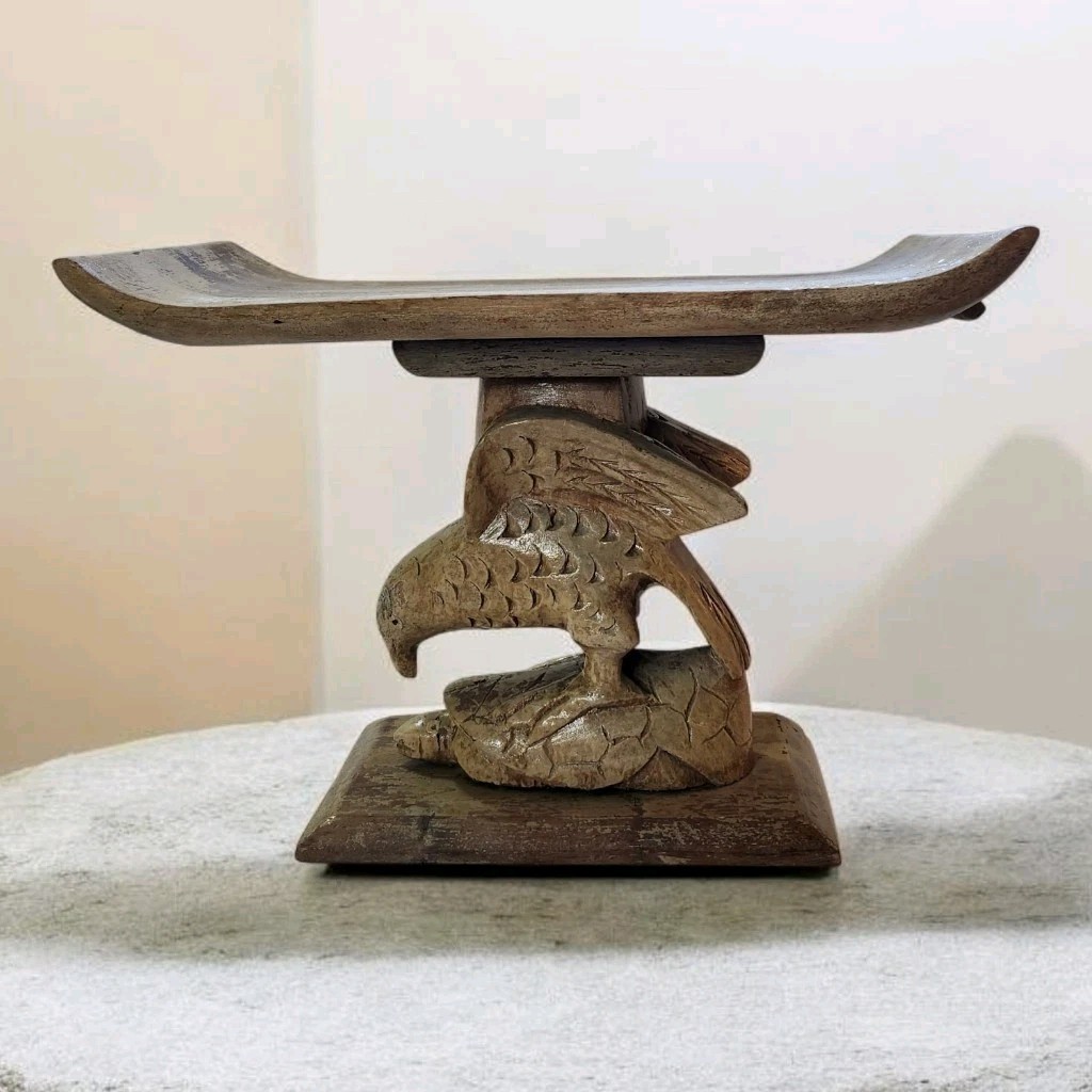 Vtg African Ghana Ashanti Wood Carved Tribal Stool Headrest Eagle On Turtle Rare