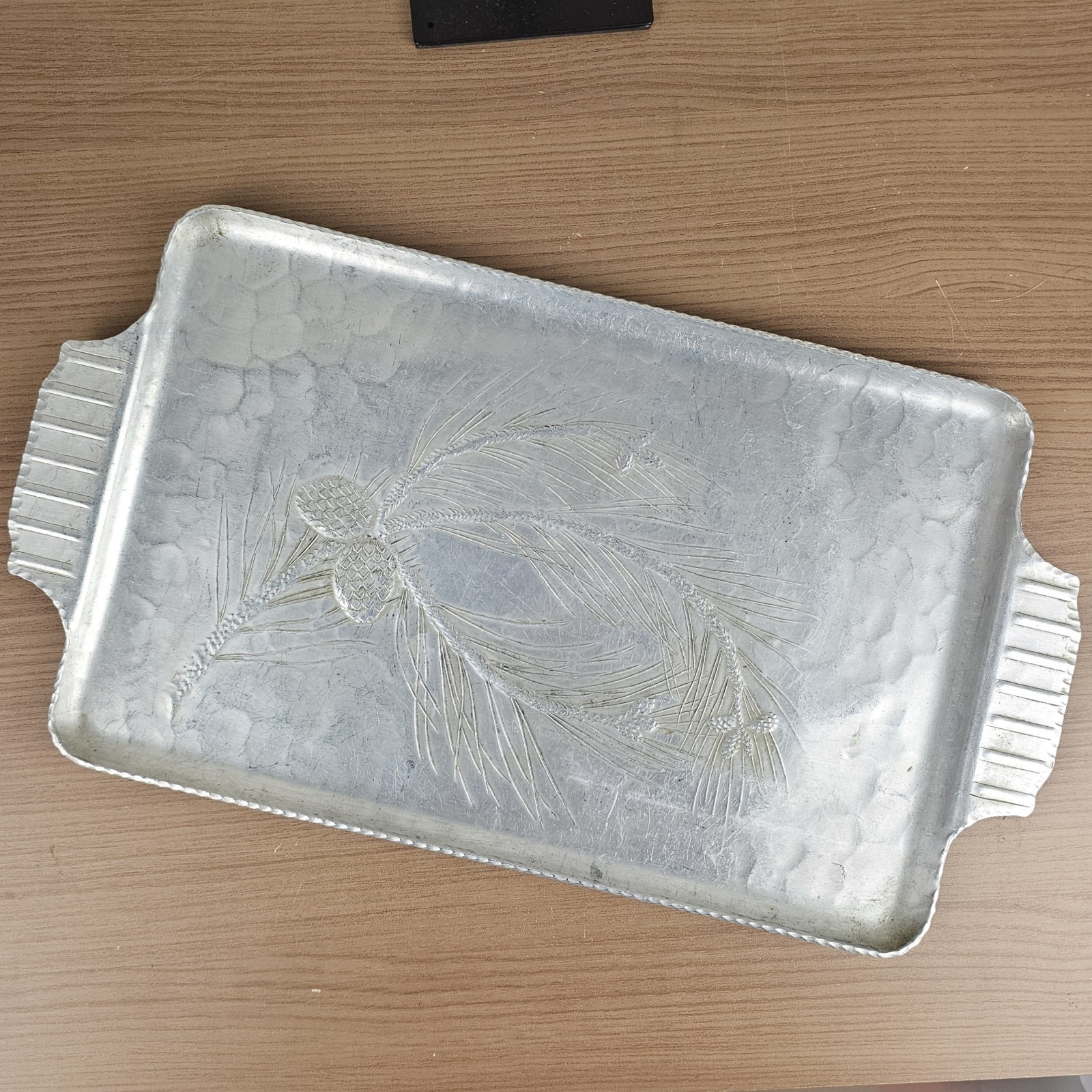 Vintage Hand-Wrought Aluminum Tray Pinecone Branch Everlast Material Rustic 17x9 Vintage Hand-Wrought Aluminum Tray Pinecone Branch Everlast Material Rustic 17x9