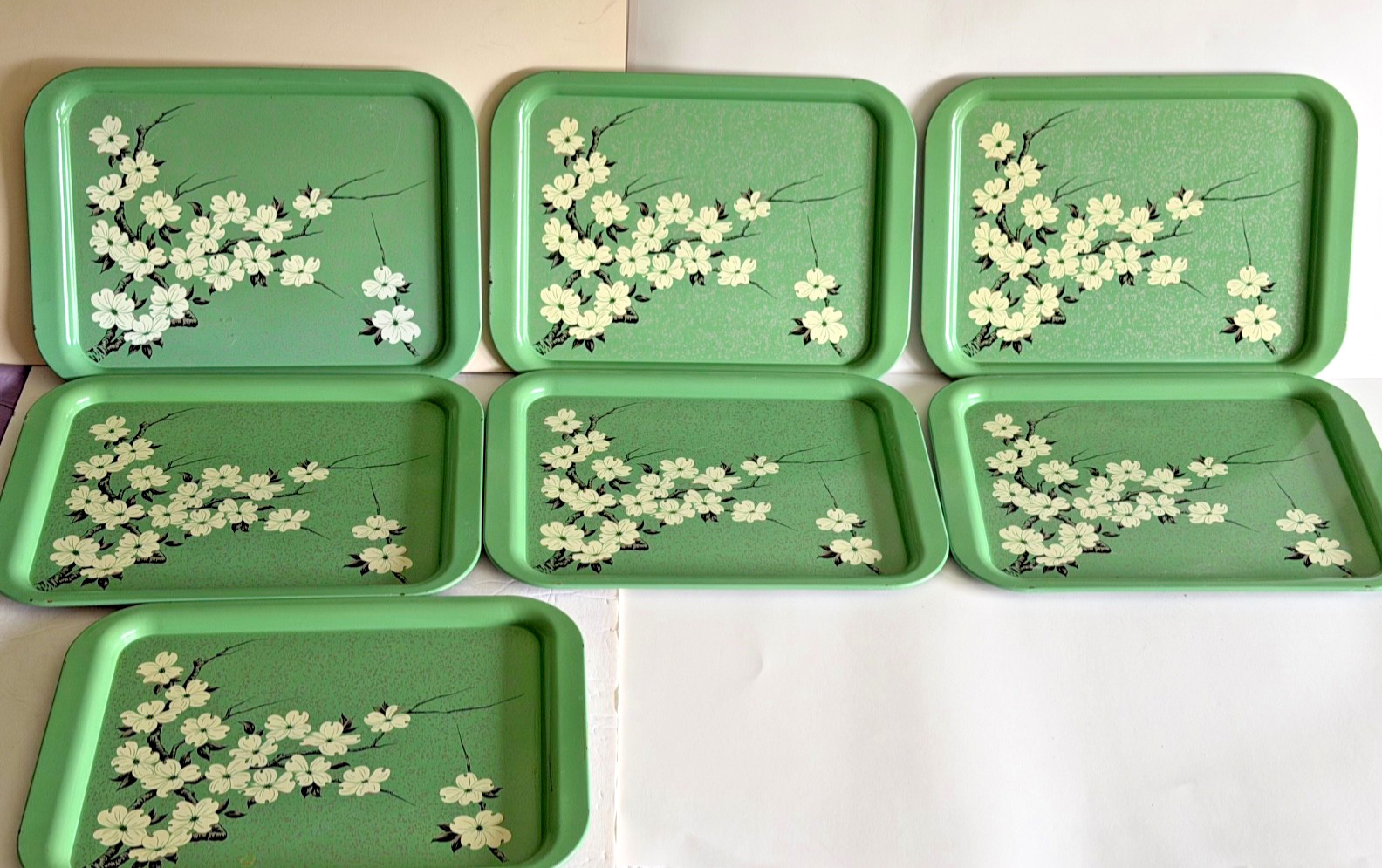 Vintage Set of 7 Green Metal Serving Trays Dogwood Blossom Floral 14.75” x 11” Vintage Set of 7 Green Metal Serving Trays Dogwood Blossom Floral 14.75” x 11”