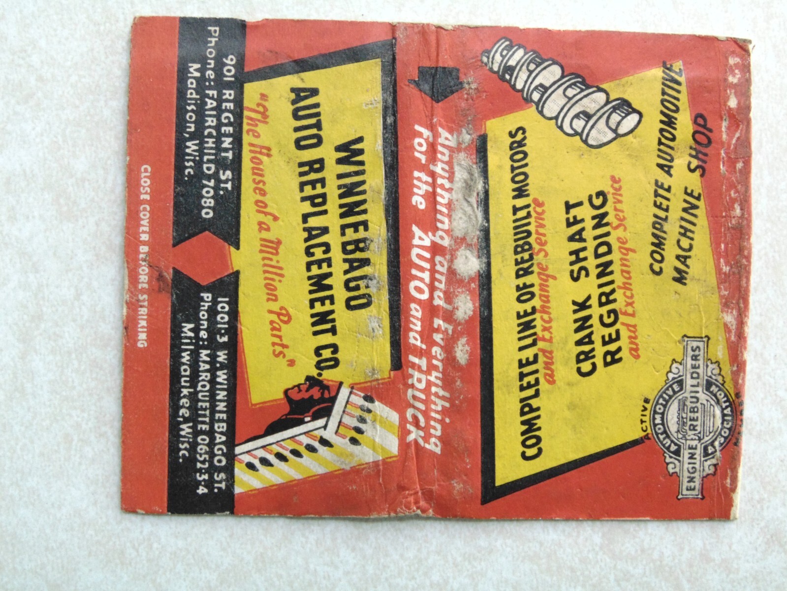 WB442 Matchbook Cover Wide Winnebago Auto Replacement Co Milwaukee Madison WI