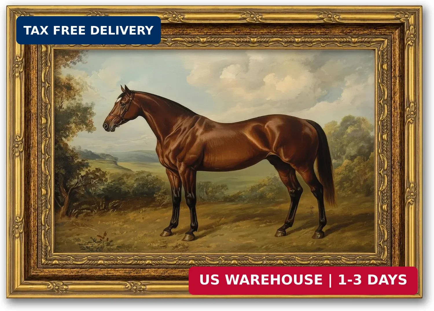 Vintage Gold Framed Horse Wall Art Classical Photo Frame Brown Horse Canvas Pain