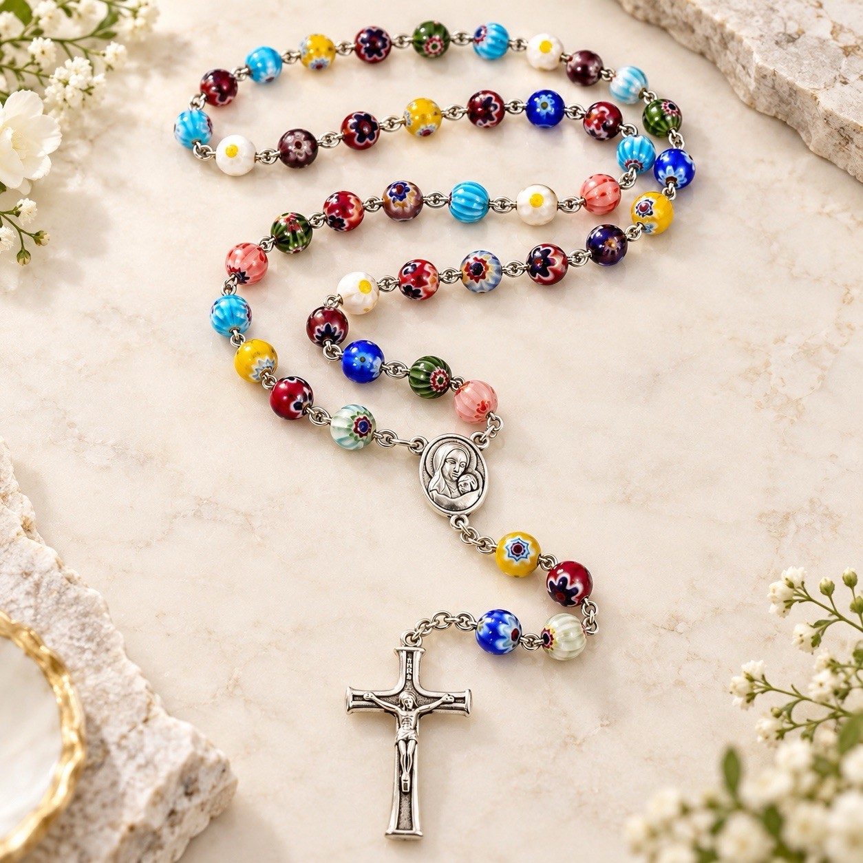 Murano Glass Beads Millefiori Rosary Necklace Colorful Beaded Women Men Rosario