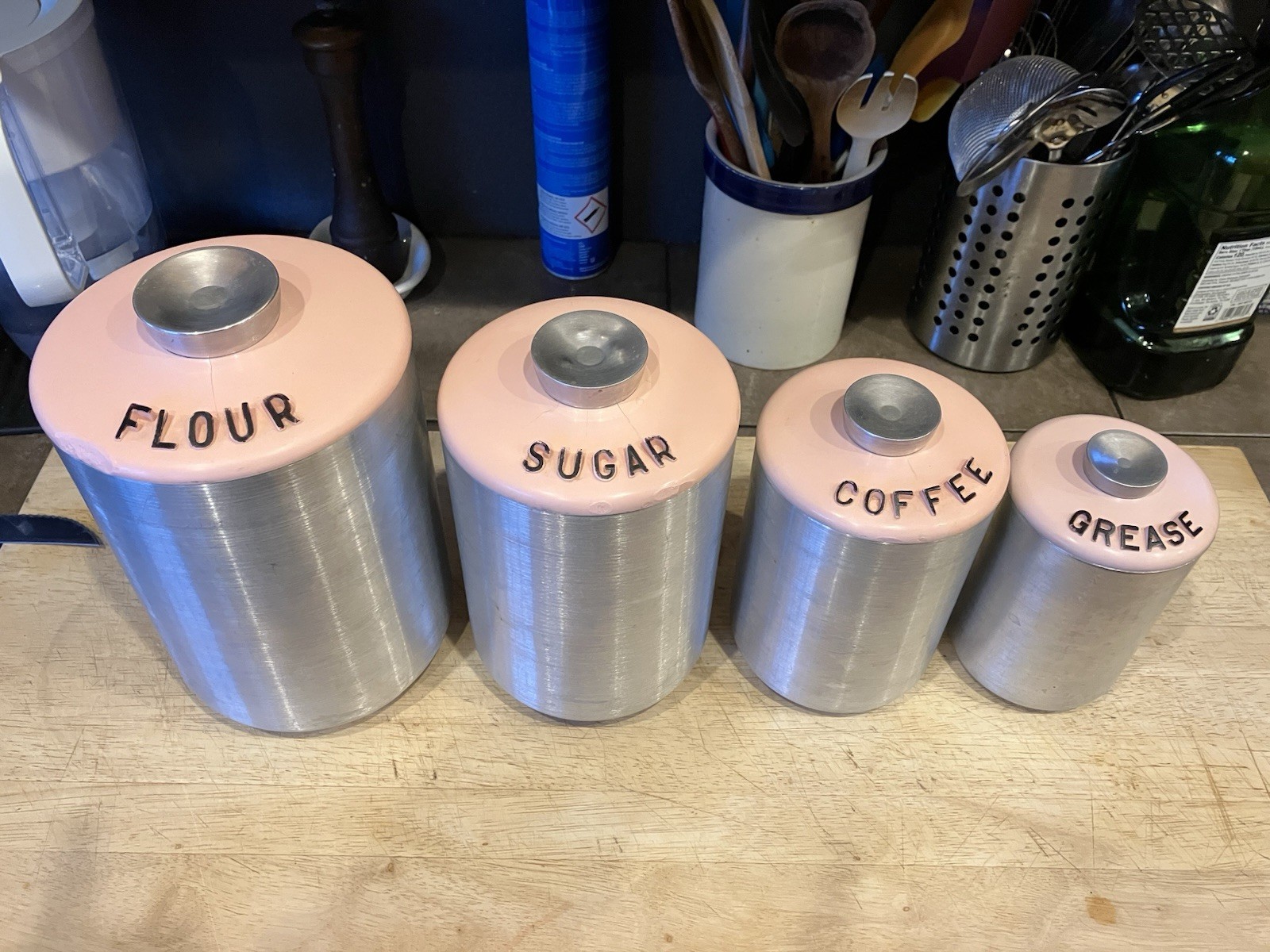 Rare Vintage Kromex Spun Aluminum 4-Piece MCM Kitchen Containers  Pink Lids 1955