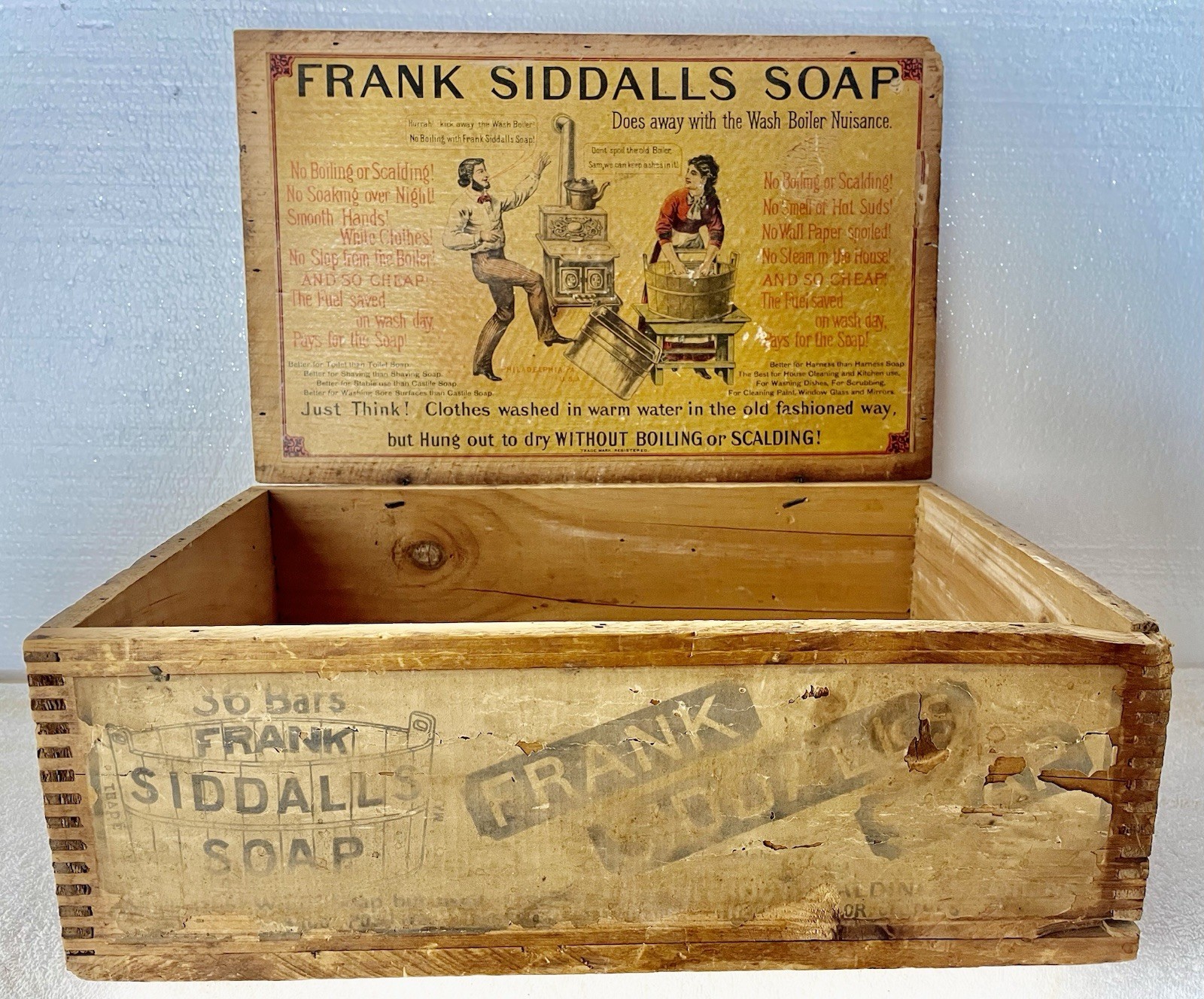 FRANK SIDDALLS ANTIQUE WOOD SOAP BOX TOP LID PAPER ADVERTISING LABELS C1890 FRANK SIDDALLS ANTIQUE WOOD SOAP BOX TOP LID PAPER ADVERTISING LABELS C1890