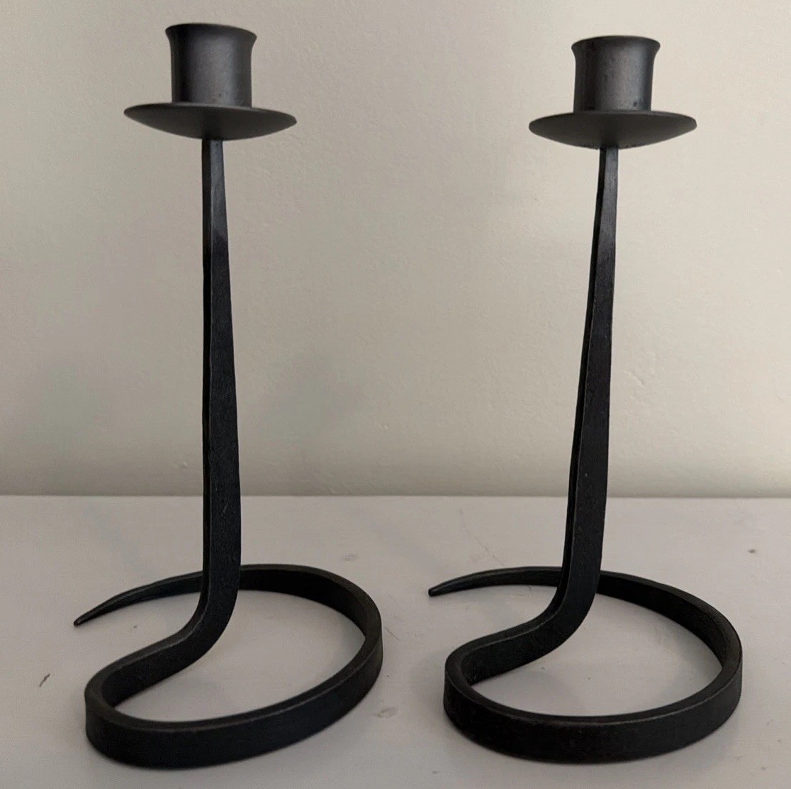Lance Cloutier Brutalist MCM Hand-Forged Wrought Iron Spiral Candlesticks Pair