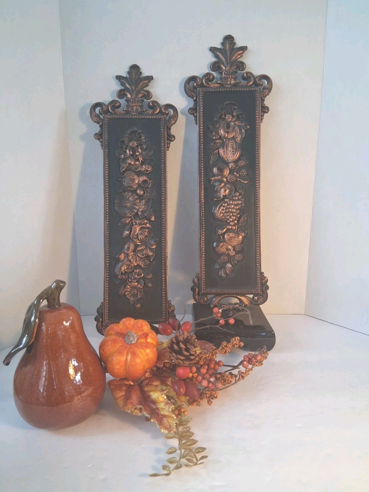 Vtg Pair Coppercraft Guild Syroco Wall Plaques; MCM Fruit/Floral 3D; Stamped Vtg Pair Coppercraft Guild Syroco Wall Plaques; MCM Fruit/Floral 3D; Stamped