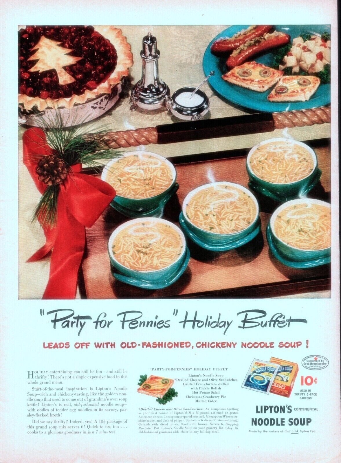1945 Lipton's Noodle Soup Vintage Print Ad Party For Pennies Holiday Buffet