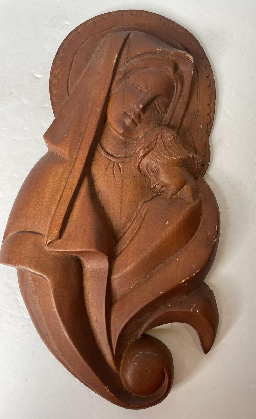 VTG Madonna and Child Carved Wood Plaque Virgin Mary Baby Jesus 12” MCM Art