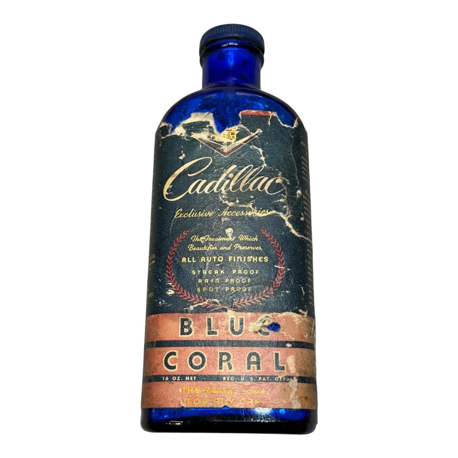 Vintage Cadillac Blue Coral Auto Finish Treatment Bottle 16oz Cobalt Blue Glass Vintage Cadillac Blue Coral Auto Finish Treatment Bottle 16oz Cobalt Blue Glass