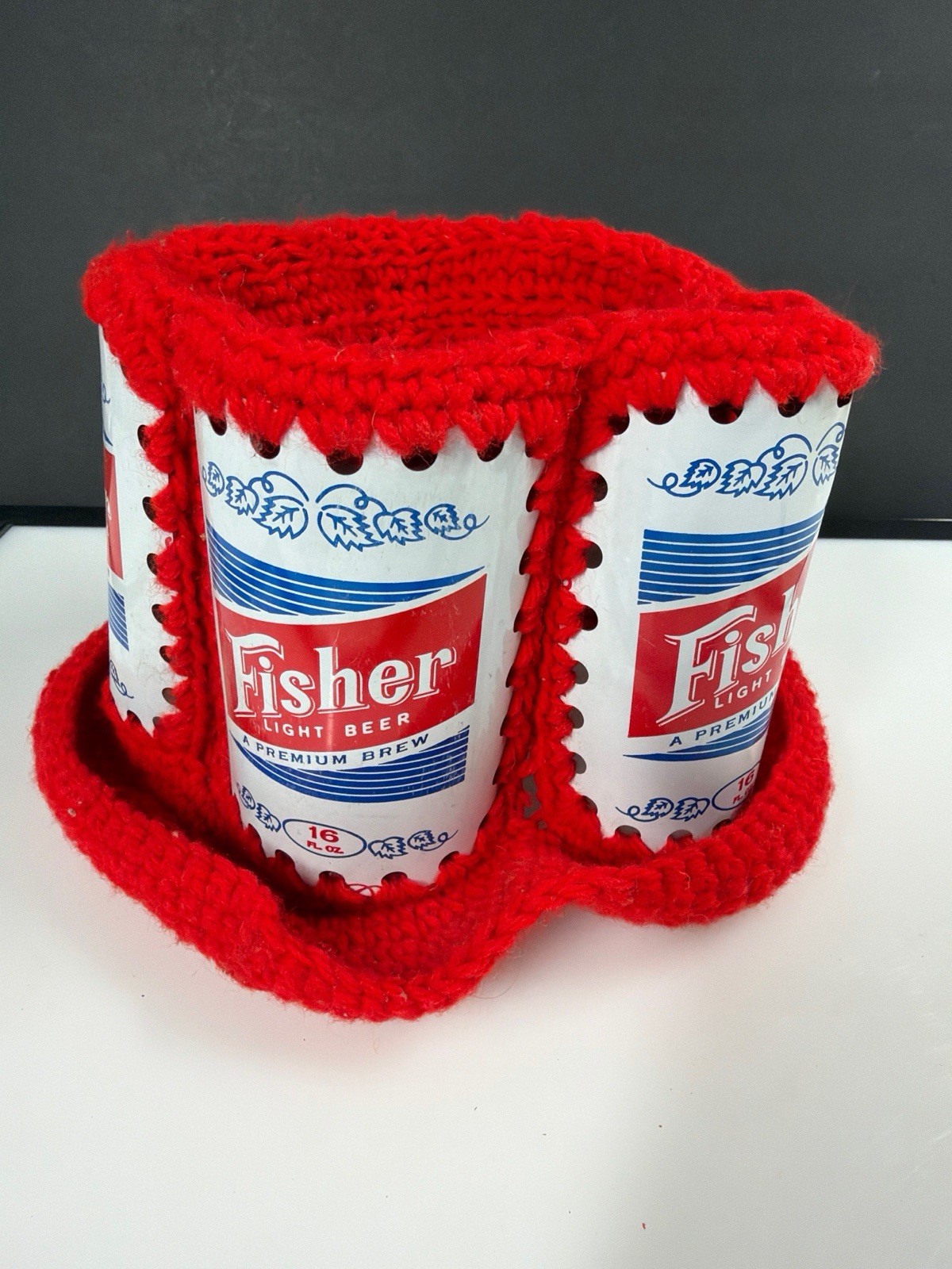 Vtg 1970s Fisher Light Beer Can Crocheted Hat Bucket Cap Folk Art Red Vtg 1970s Fisher Light Beer Can Crocheted Hat Bucket Cap Folk Art Red