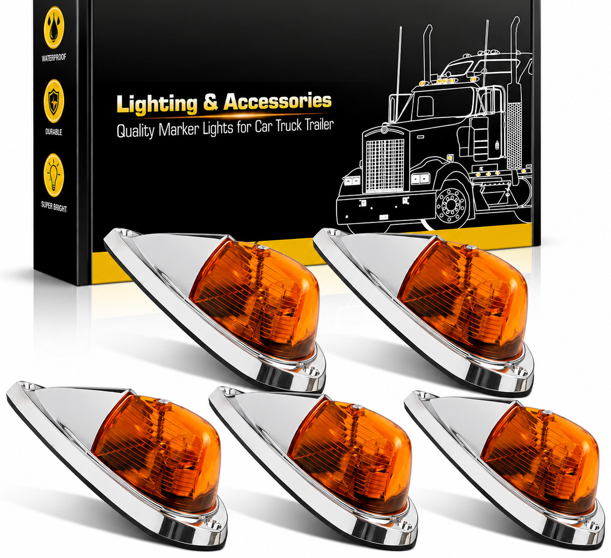 5 Amber Cab Marker Lights for Kenworth Peterbilt Freightliner Mack Truck Trailer 5 Amber Cab Marker Lights for Kenworth Peterbilt Freightliner Mack Truck Trailer