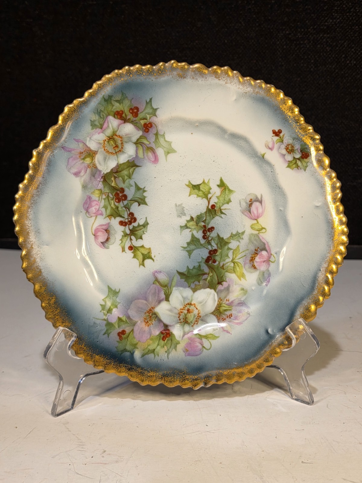 Antique Wurttemberg Porcelain Christmas Rose Holly Plate Gold Trim Antique Wurttemberg Porcelain Christmas Rose Holly Plate Gold Trim