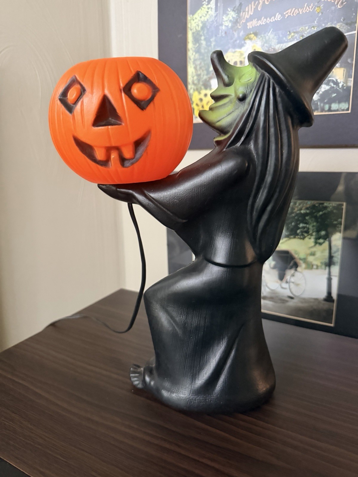Vintage 1960’s Black Witch And Pumpkin Blow Mold With Light Vintage 1960’s Black Witch And Pumpkin Blow Mold With Light
