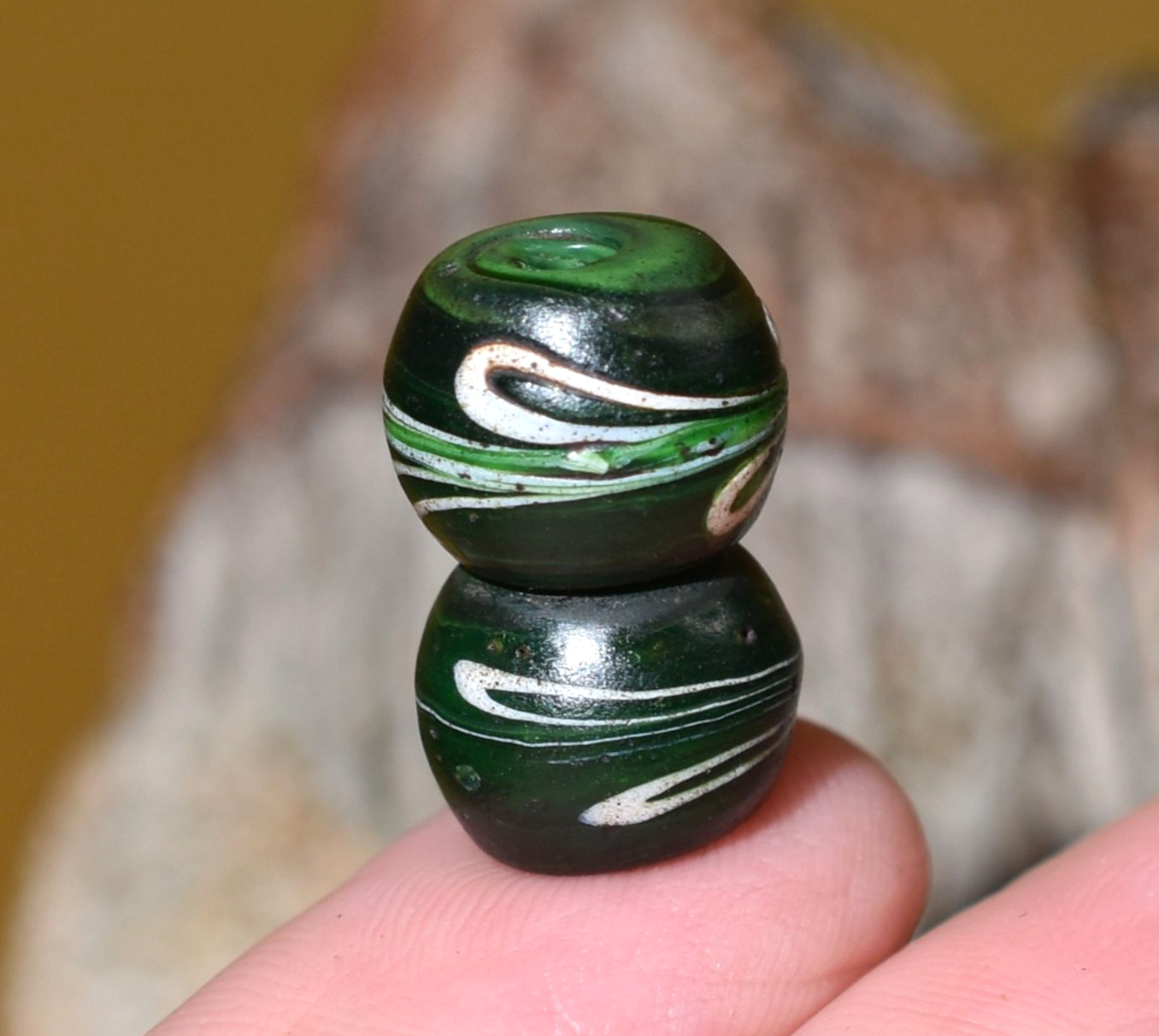 Antique Venetian Siamese Twin Green Italian Lampwork Feather Bead, African Trade Antique Venetian Siamese Twin Green Italian Lampwork Feather Bead, African Trade