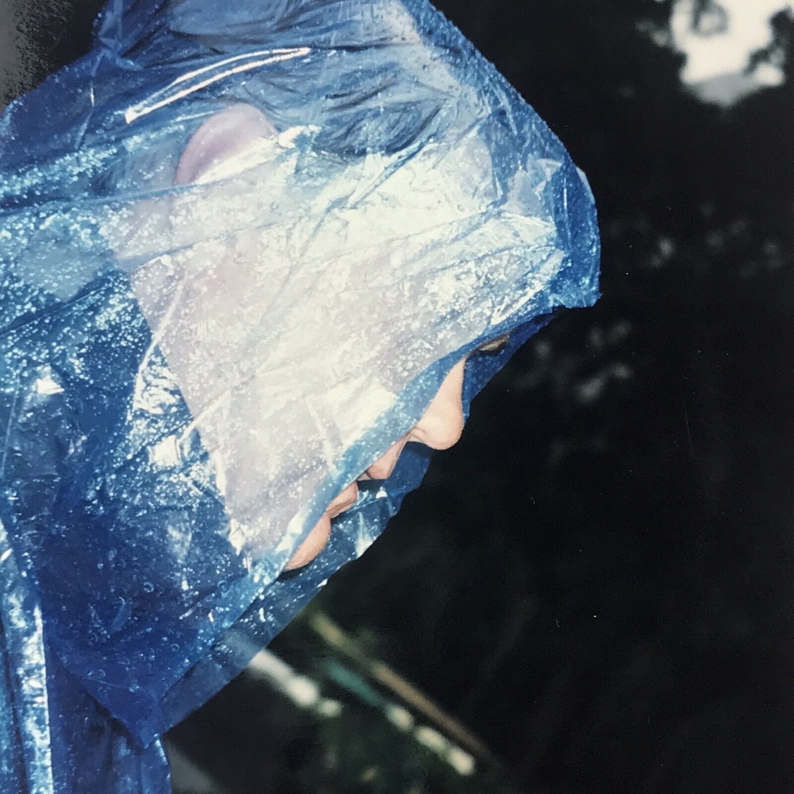 Vintage Color Photo Man Wearing Rain Poncho Wet Side View Profile Outdoors 