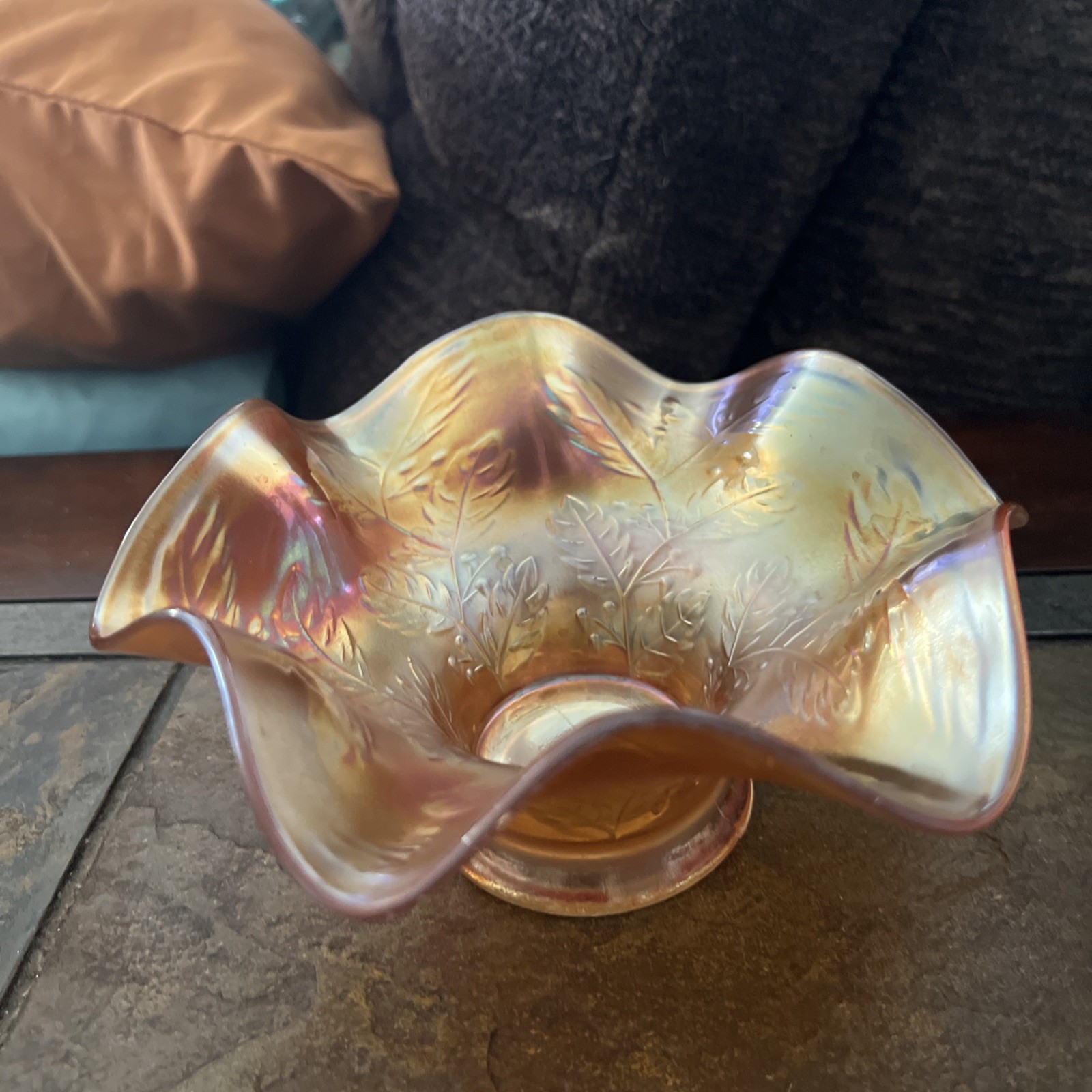 Vintage Marigold Carnival Glass Ruffled Bowl Iridescent Leaf Berry Pattern Vintage Marigold Carnival Glass Ruffled Bowl Iridescent Leaf Berry Pattern