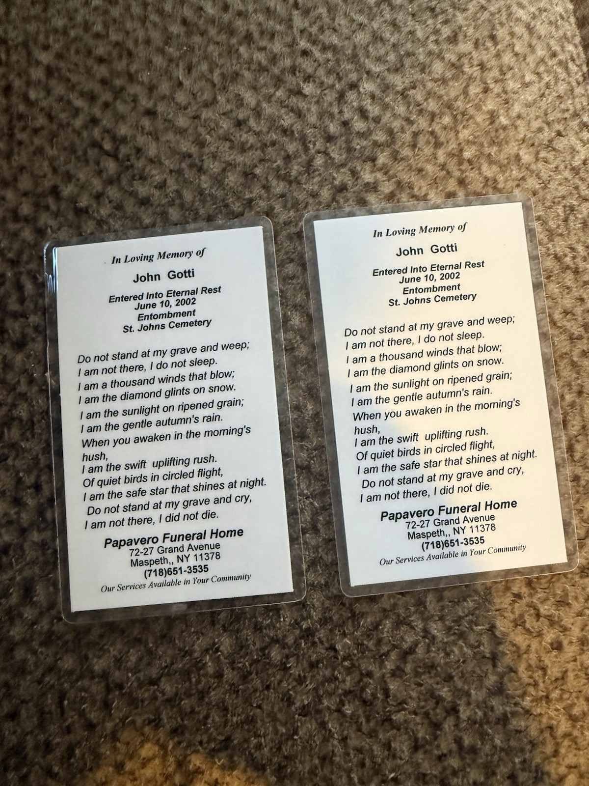 Authentic John Gotti Funeral Cards That I received Myself At His Funeral. Authentic John Gotti Funeral Cards That I received Myself At His Funeral.