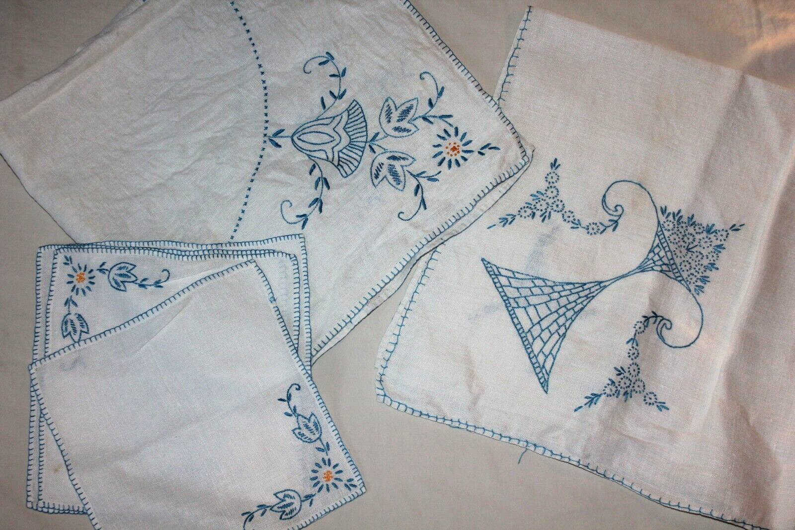 Vintage linen cotton 2 square tablecloth 4 napkins white blue yellow embroidery Vintage linen cotton 2 square tablecloth 4 napkins white blue yellow embroidery