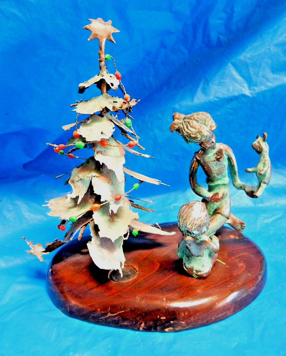 VTG MALCOLM MORAN 1970's BRONZE SCULPTURE - CHRISTMAS w/MOM, TEDDY BEAR & CHILD