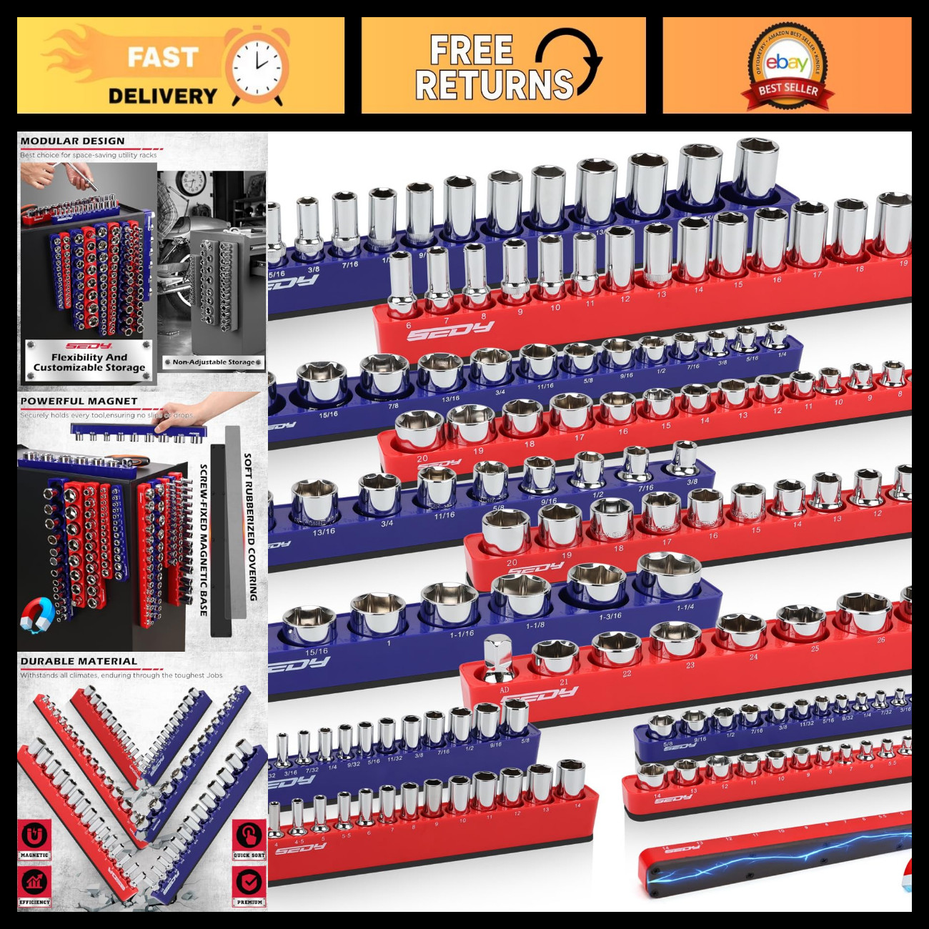 SEDY 12-Piece 1/4" 3/8" 1/2"-Drive SAE & Metric Magnetic Socket Organizer Set (H SEDY 12-Piece 1/4" 3/8" 1/2"-Drive SAE & Metric Magnetic Socket Organizer Set (H