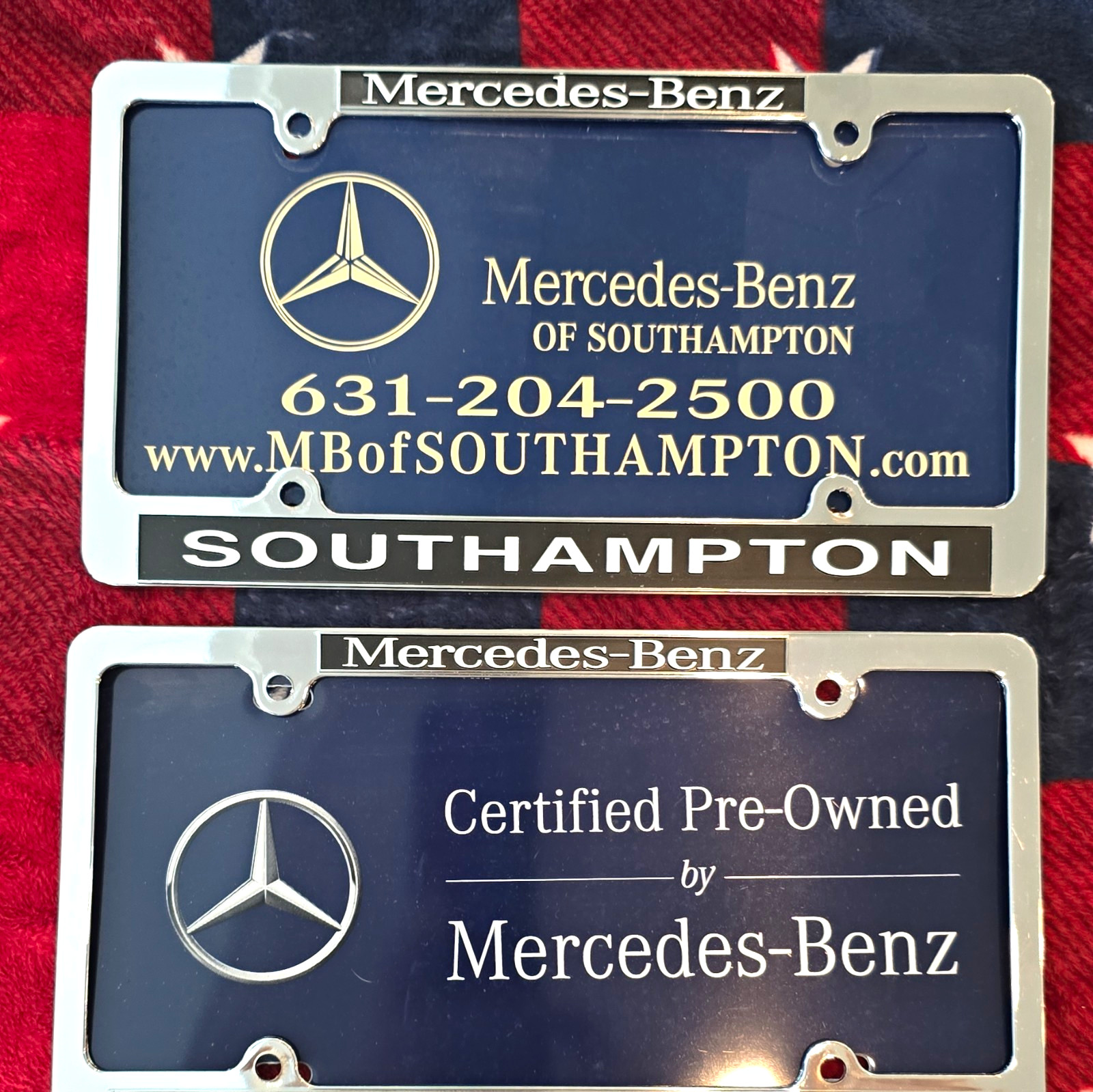 Mercedes Benz Dealer Promo License Plate Frames Chrome W/ Inserts Southampton NY Mercedes Benz Dealer Promo License Plate Frames Chrome W/ Inserts Southampton NY