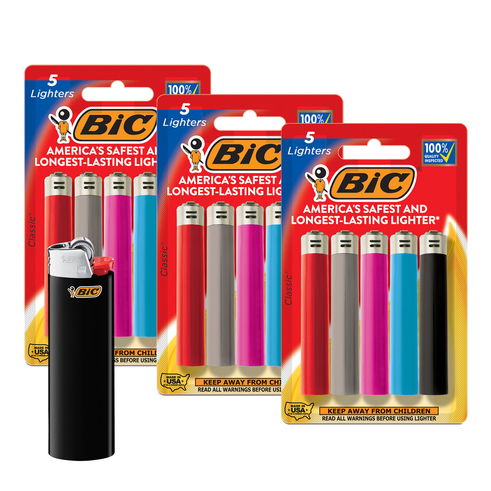 BIC Classic Maxi Pocket Lighter, 15-Count, Assorted Colors, 3 Packs of 5, Safe