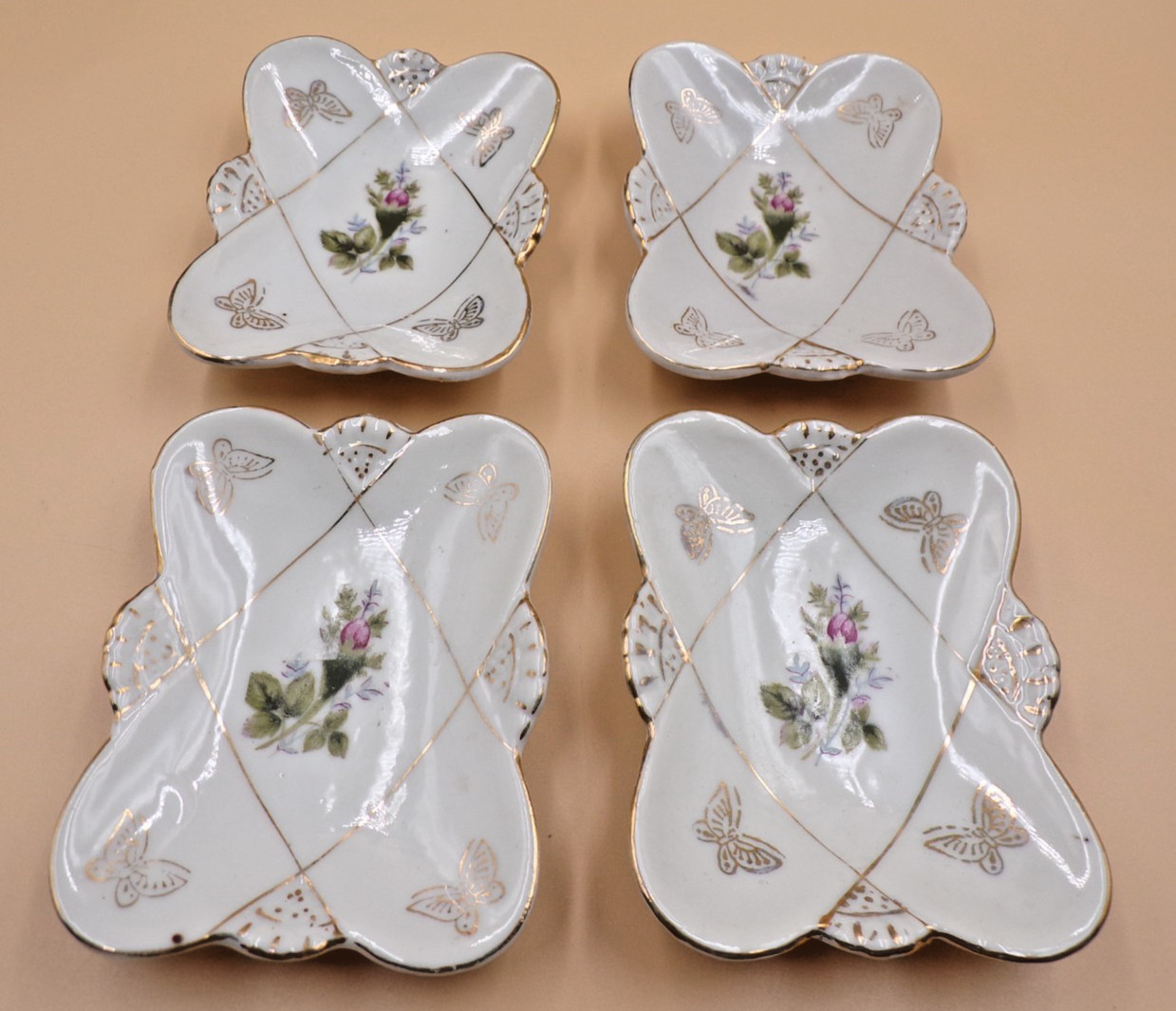 2 Vintage L&M Unmarked Bond Ware Porcelain Floral & Butterfly Small Trinket Dish